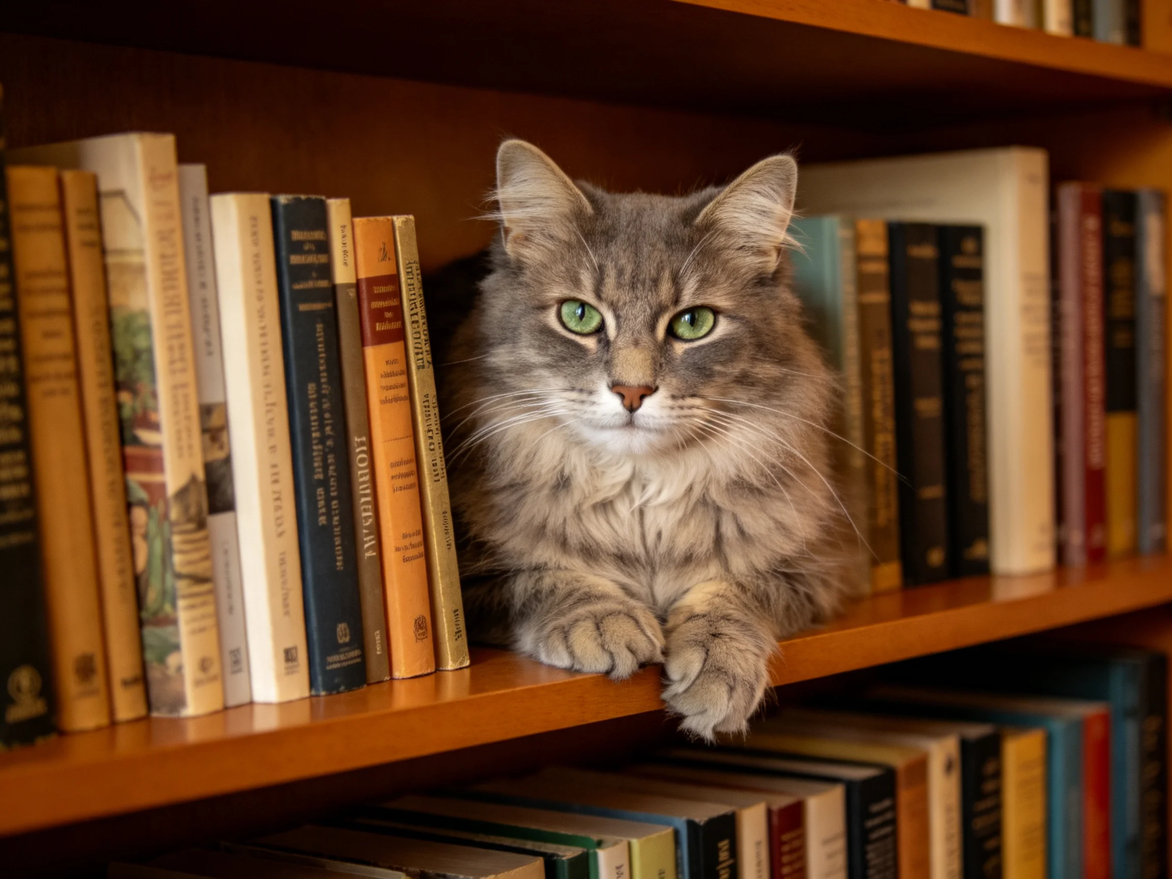 A fluffy gray cat with green eyes sits between books on a wooden shelf