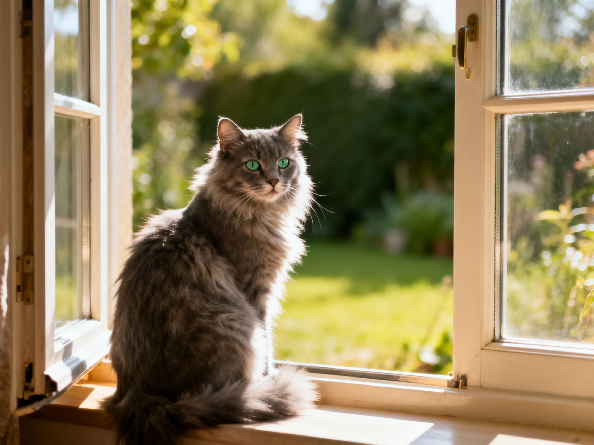 Gray cat sits by open window with sunlit garden view