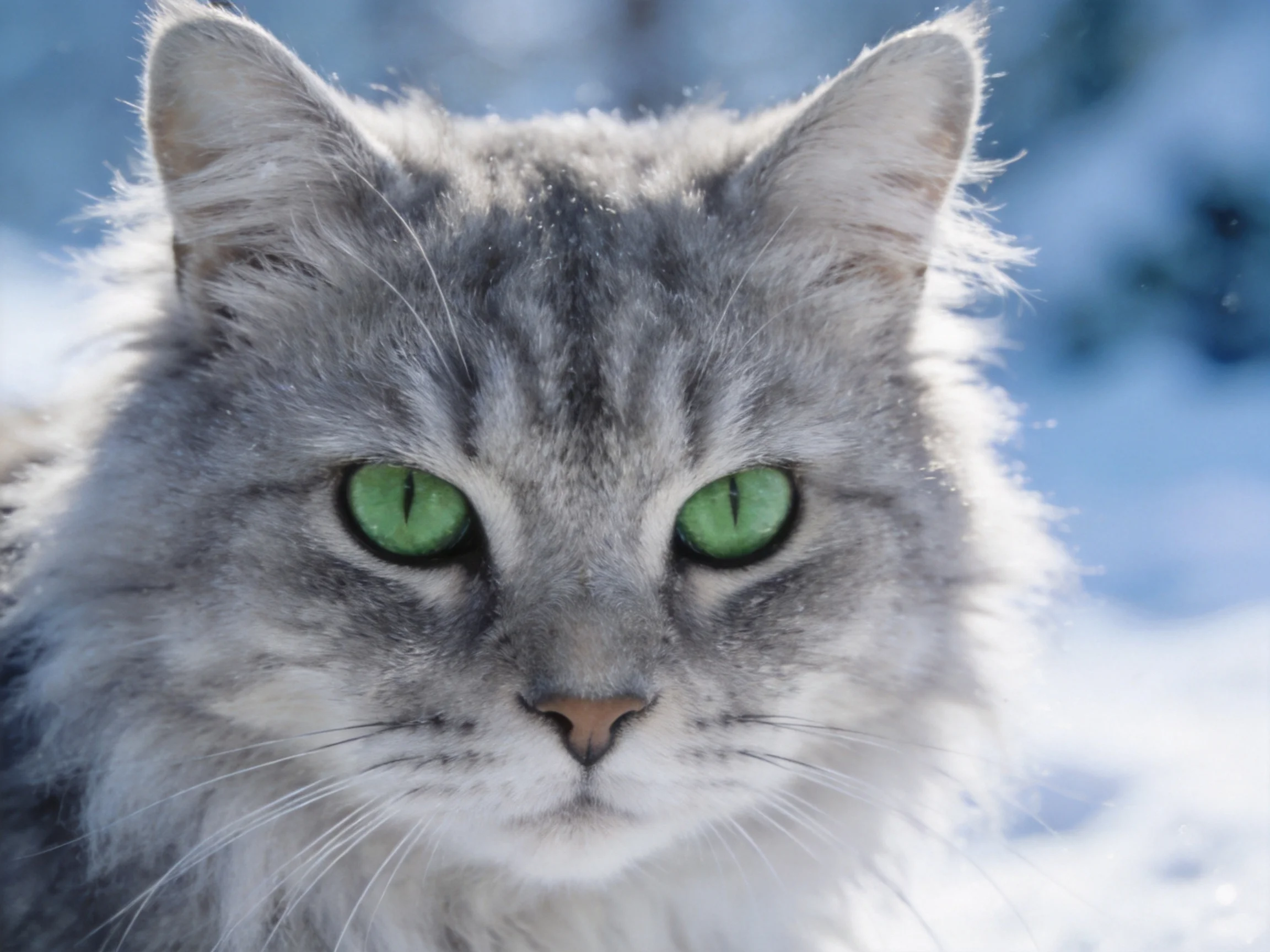 A fluffy gray cat with bright green eyes is shown in a snowy environment.