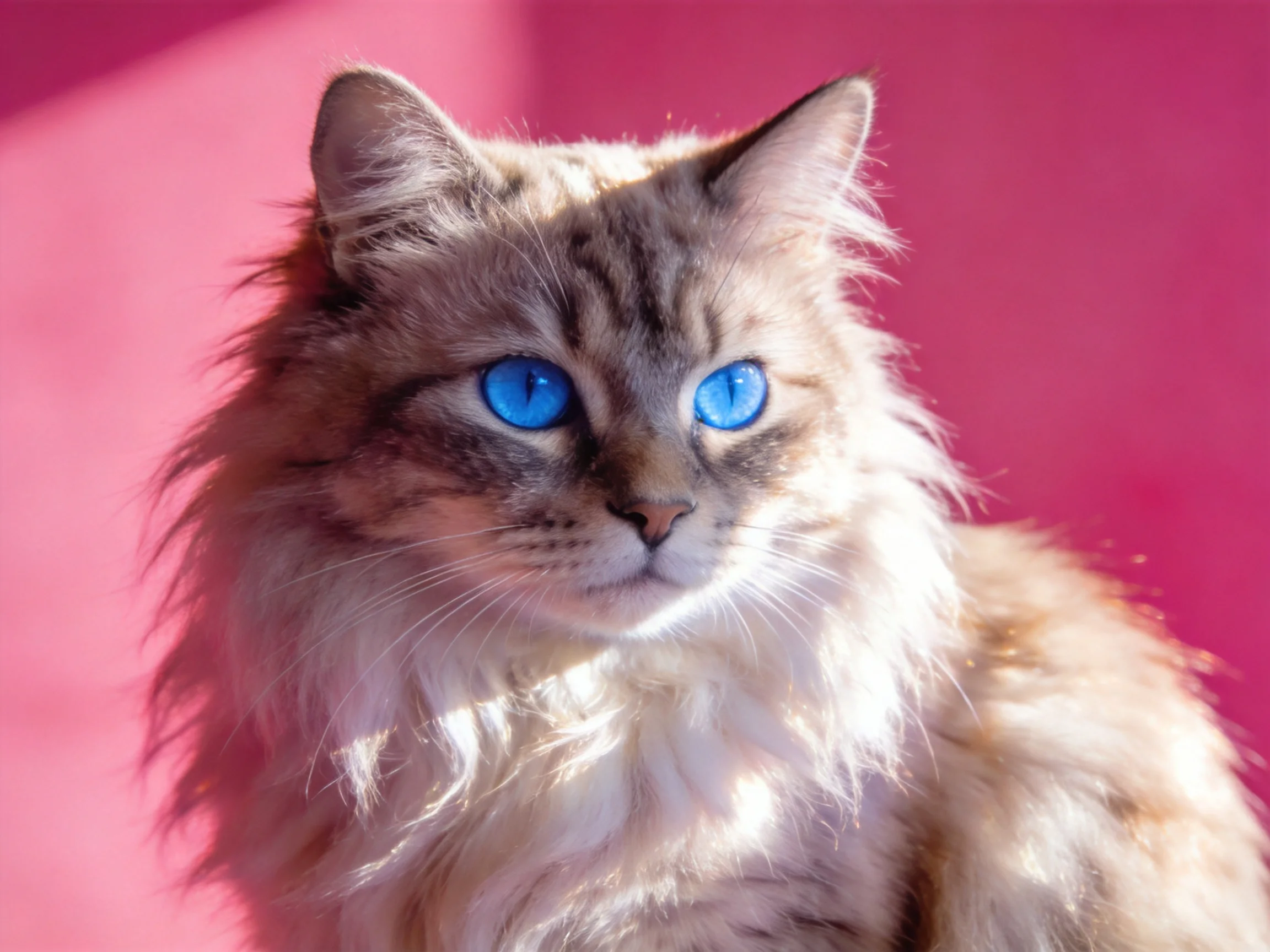 Fluffy long-haired haired cat with bright blue eyes against pink backdrop