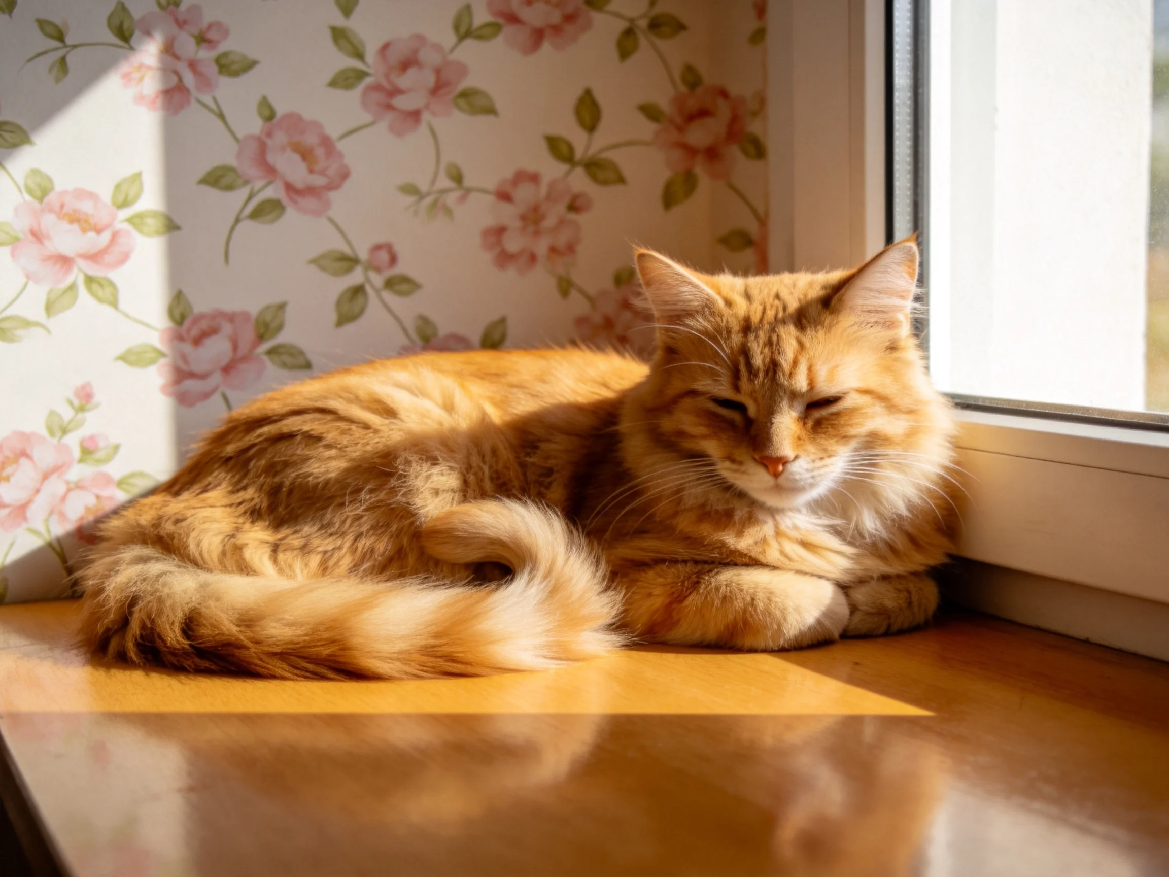 Fluffy orange cat relaxes on sunlit windowsill by floral wallpaper
