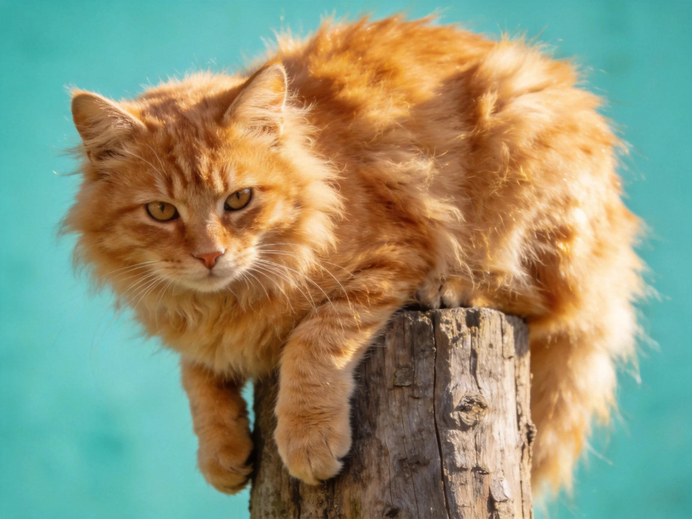 Fluffy orange cat resting on weathered wooden post with turquoise backdrop