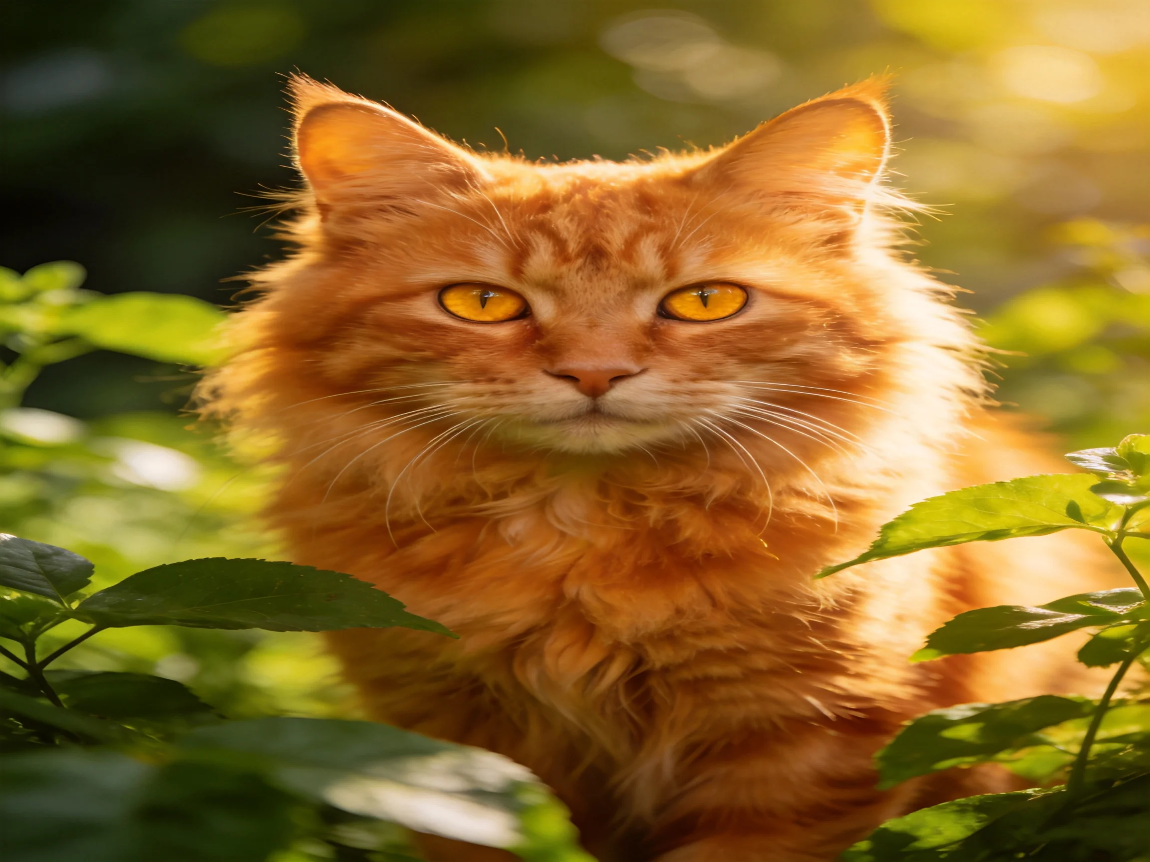 Fluffy orange cat surrounded by lush green foliage in golden sunlight