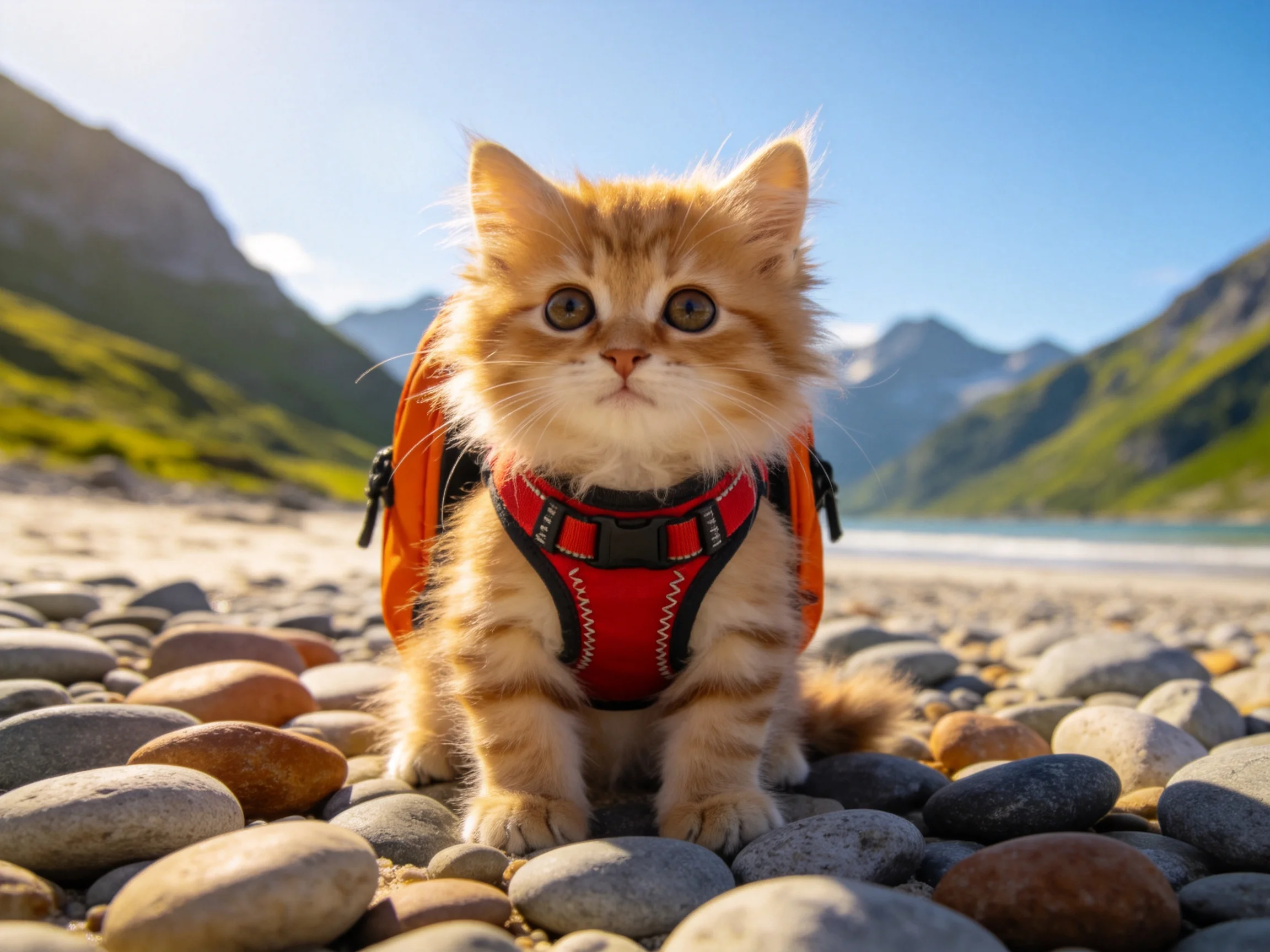 Fluffy orange kitten in red harness explores rocky shoreline with mountains