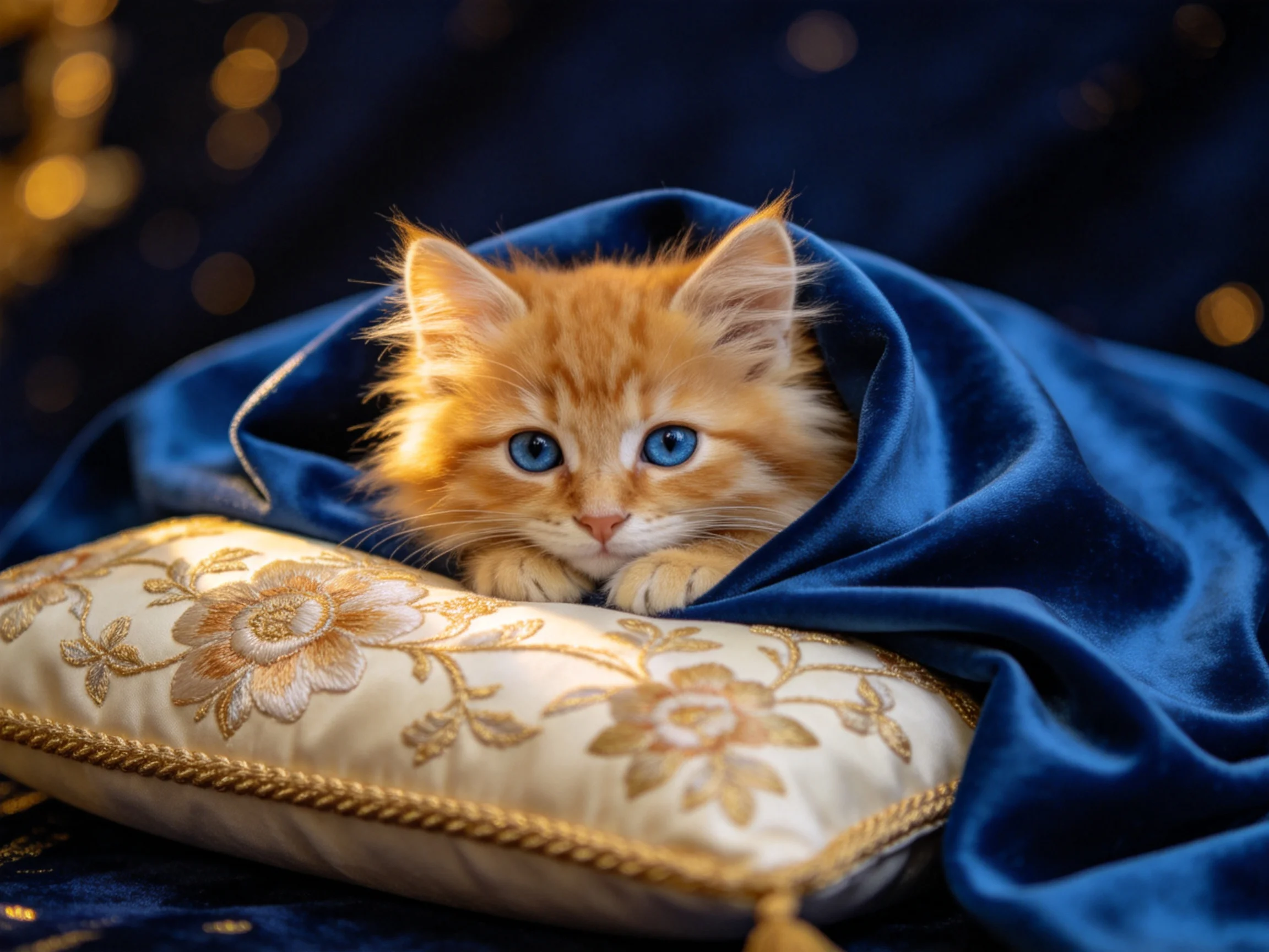 A fluffy orange kitten peeks from blue cloth on decorative pillow