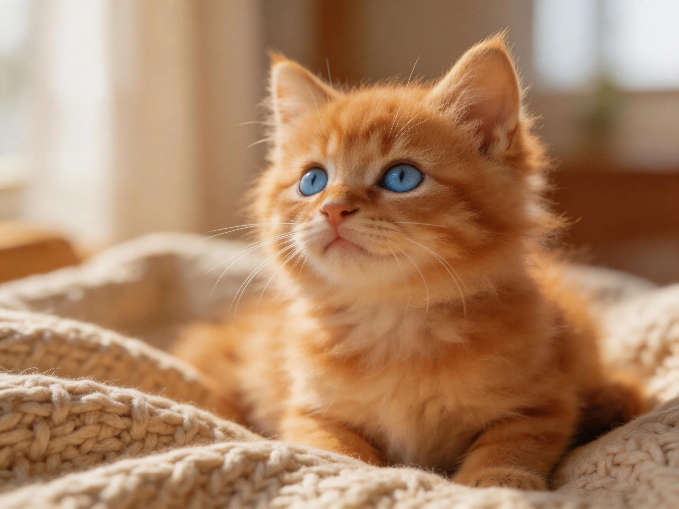 Fluffy orange kitten with bright blue eyes resting on textured blanket