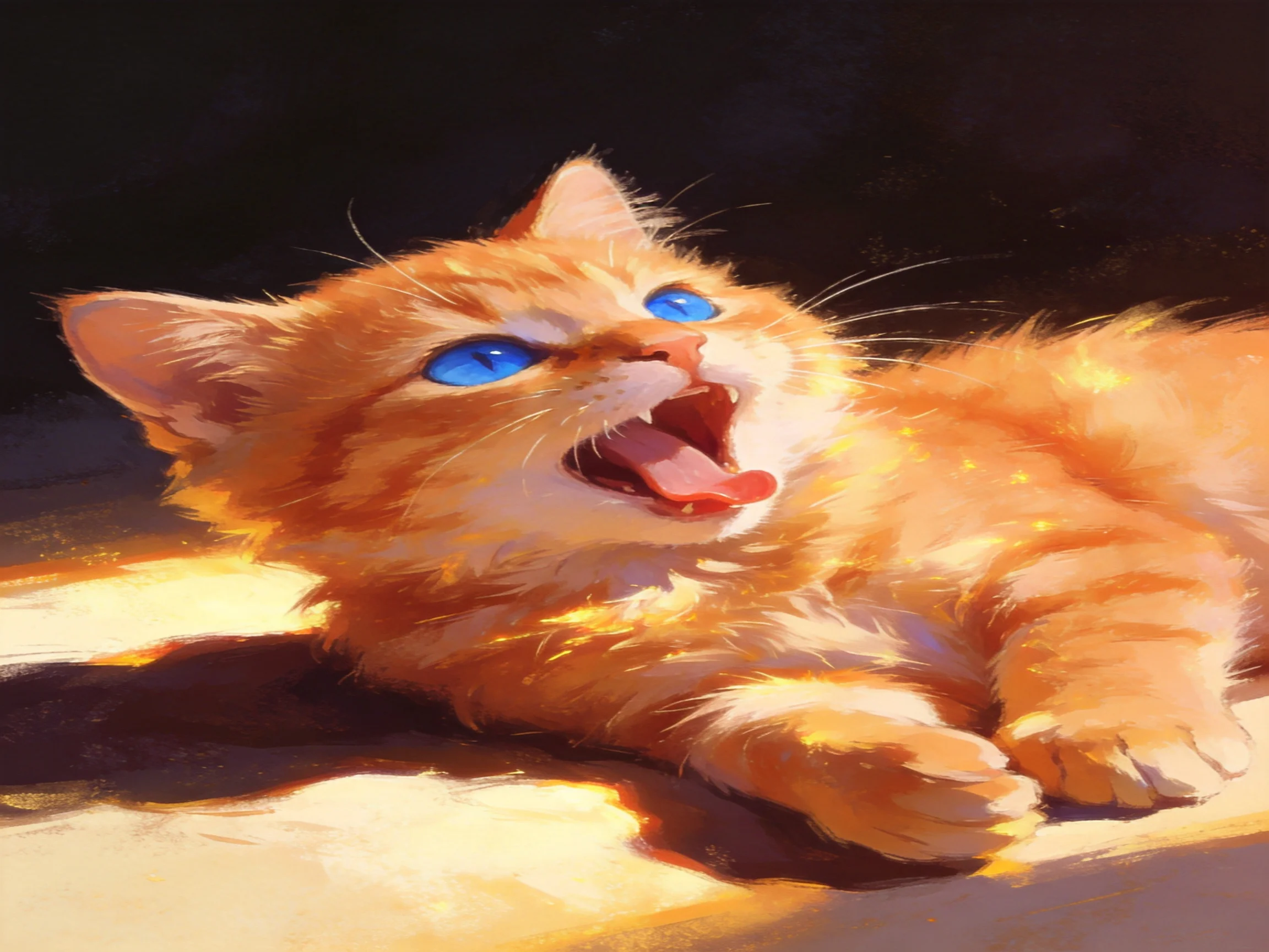 A fluffy orange kitten with bright blue eyes yawns while bathed in sunlight.