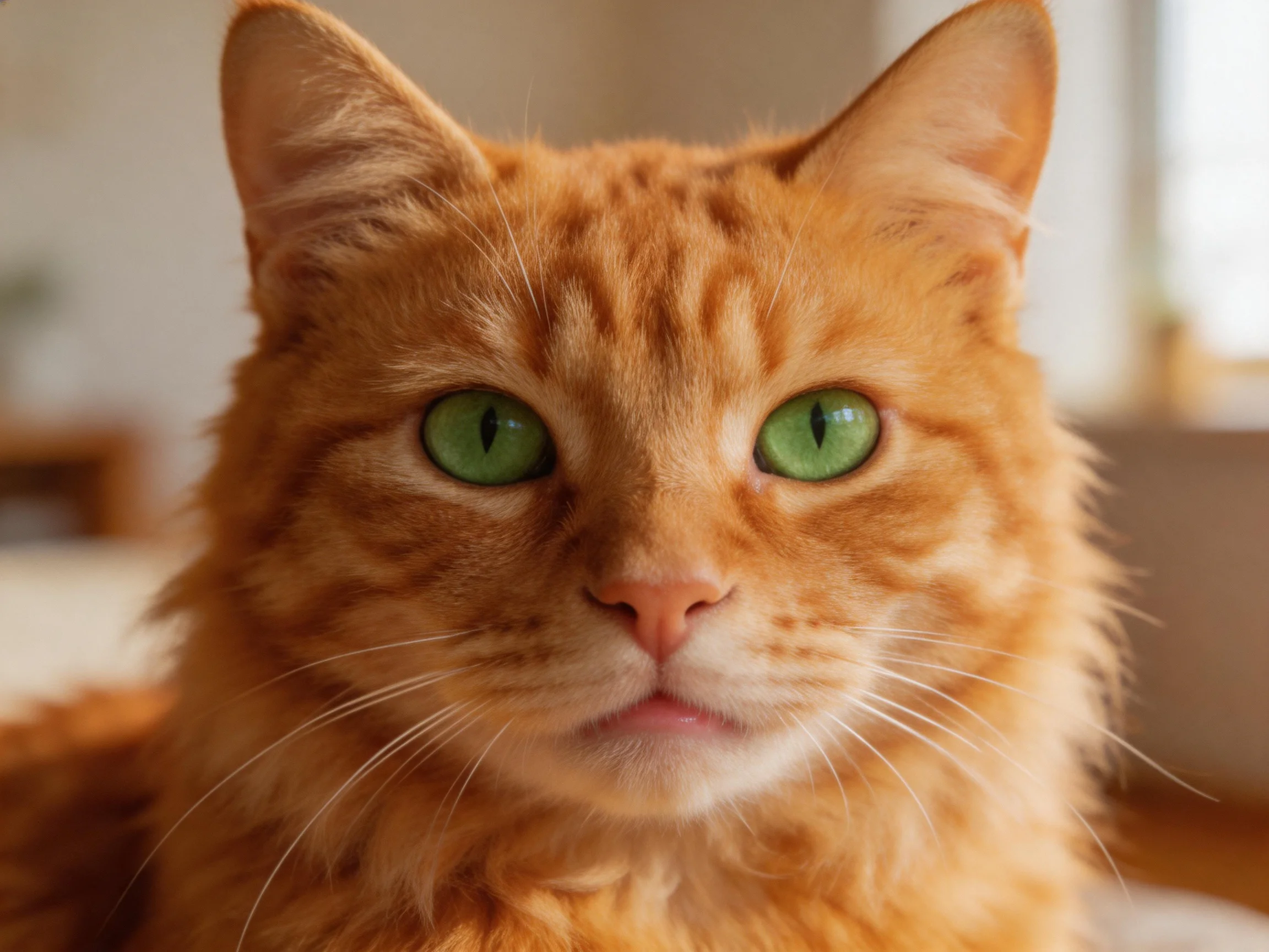 A close - up of a fluffy orange cat with bright green eyes in a cozy indoor setting.