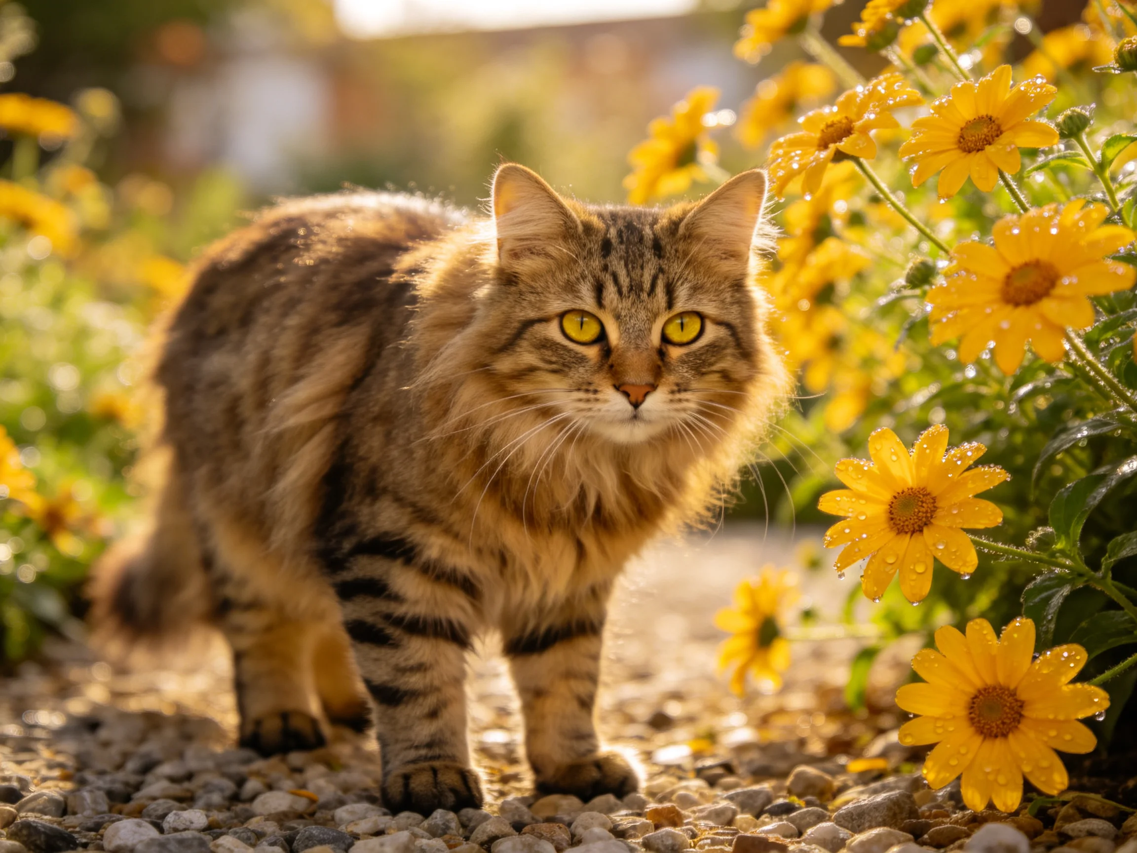 Fluffy tabby cat walking past vibrant yellow blooms