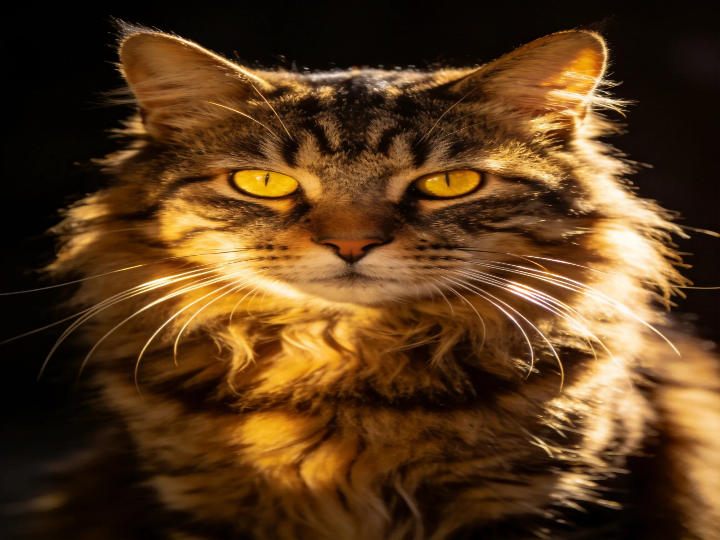 A fluffy tabby cat with bright yellow eyes is highlighted in dramatic lighting.
