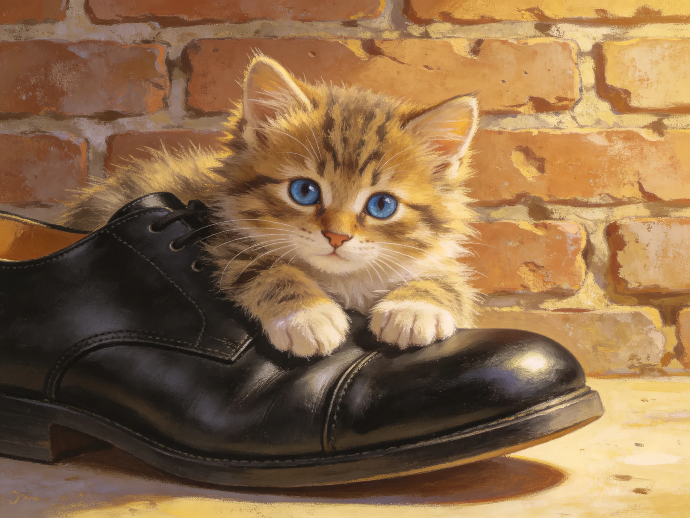 Fluffy tabby kitten nestled inside a black dress shoe near a brick wall.