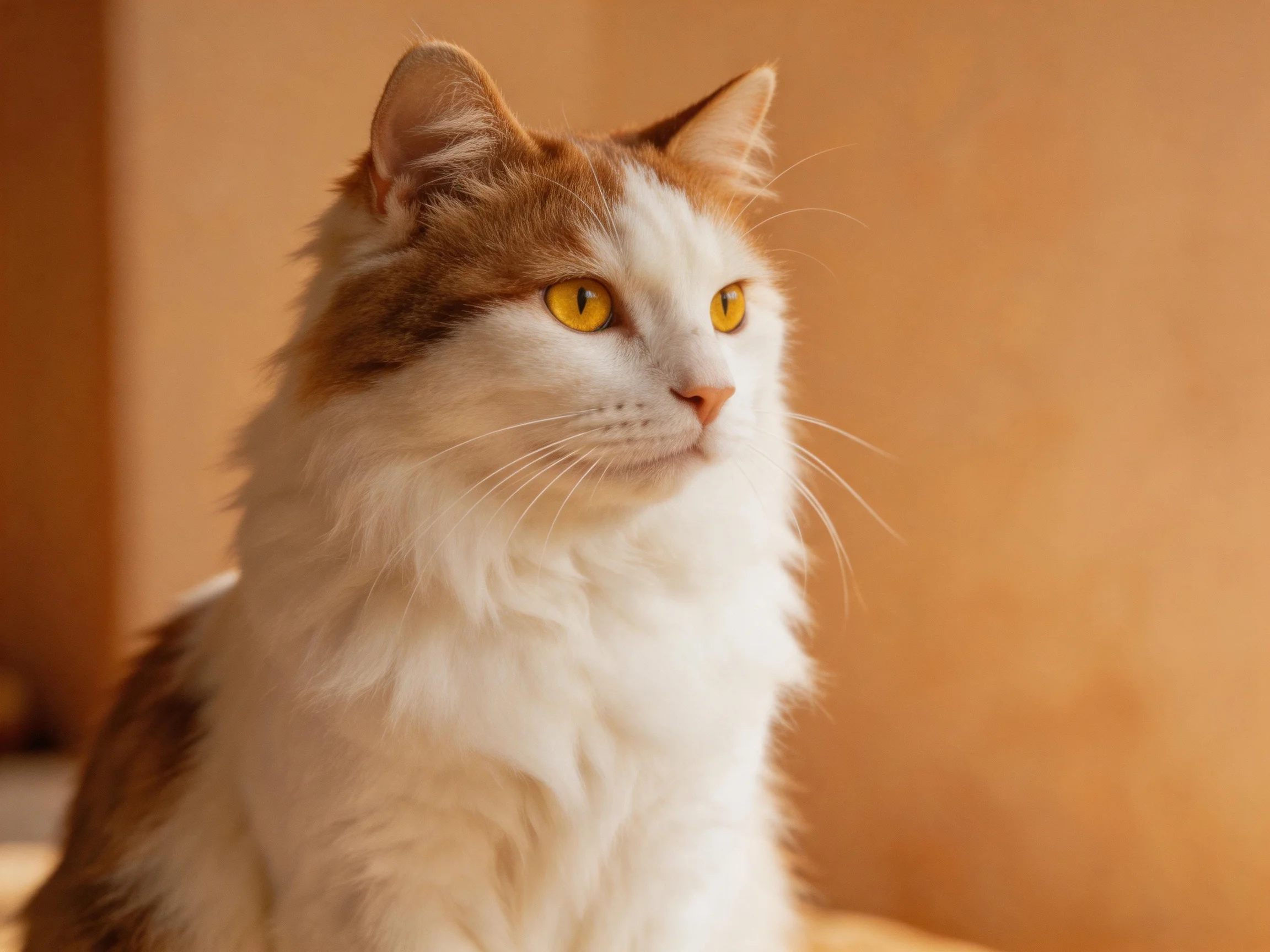 A fluffy white and brown cat with yellow eyes gazes attentively.