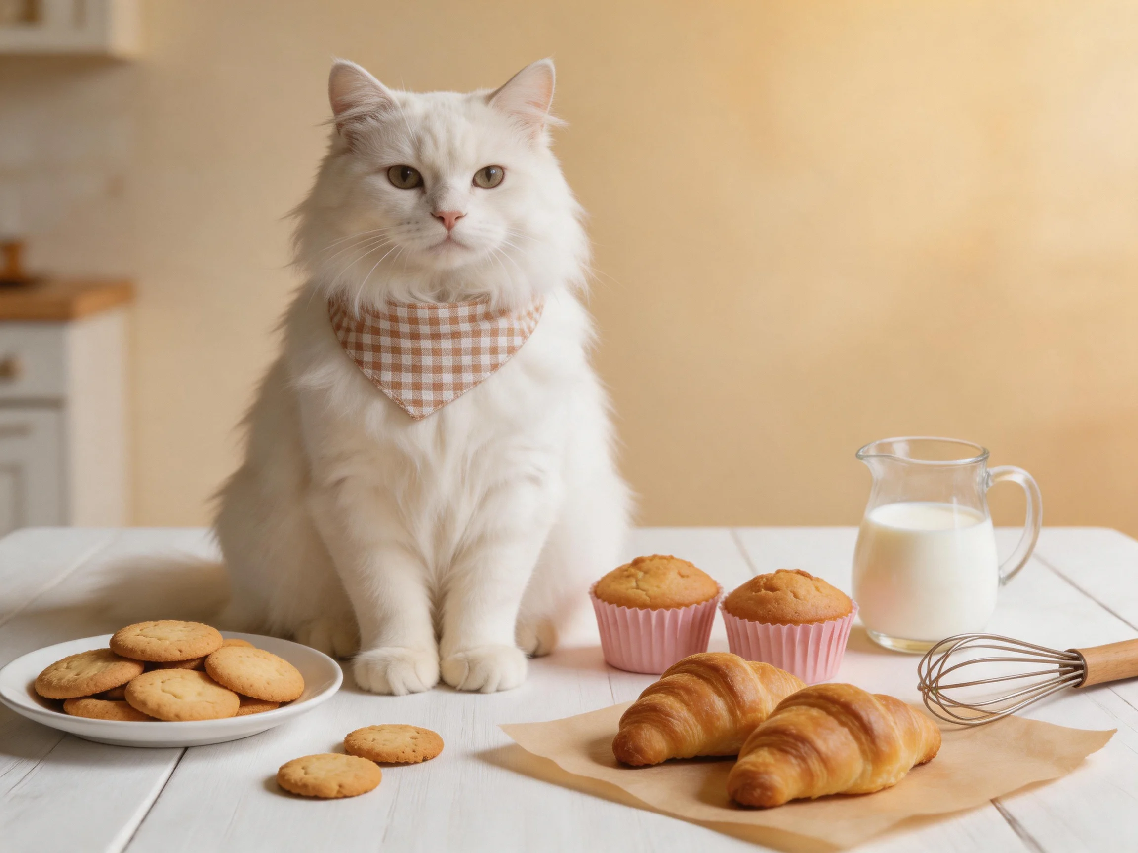 A white cat sits on a table with assorted baked goods and a milk pitcher.