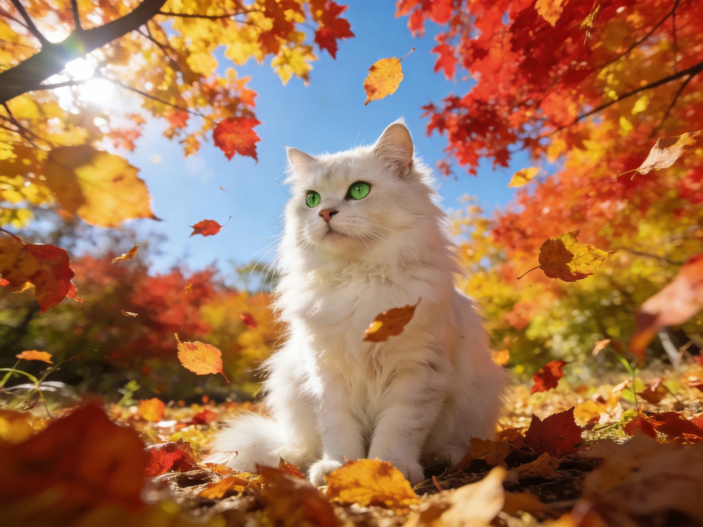 A white cat sits among autumn leaves in a sunlit setting.