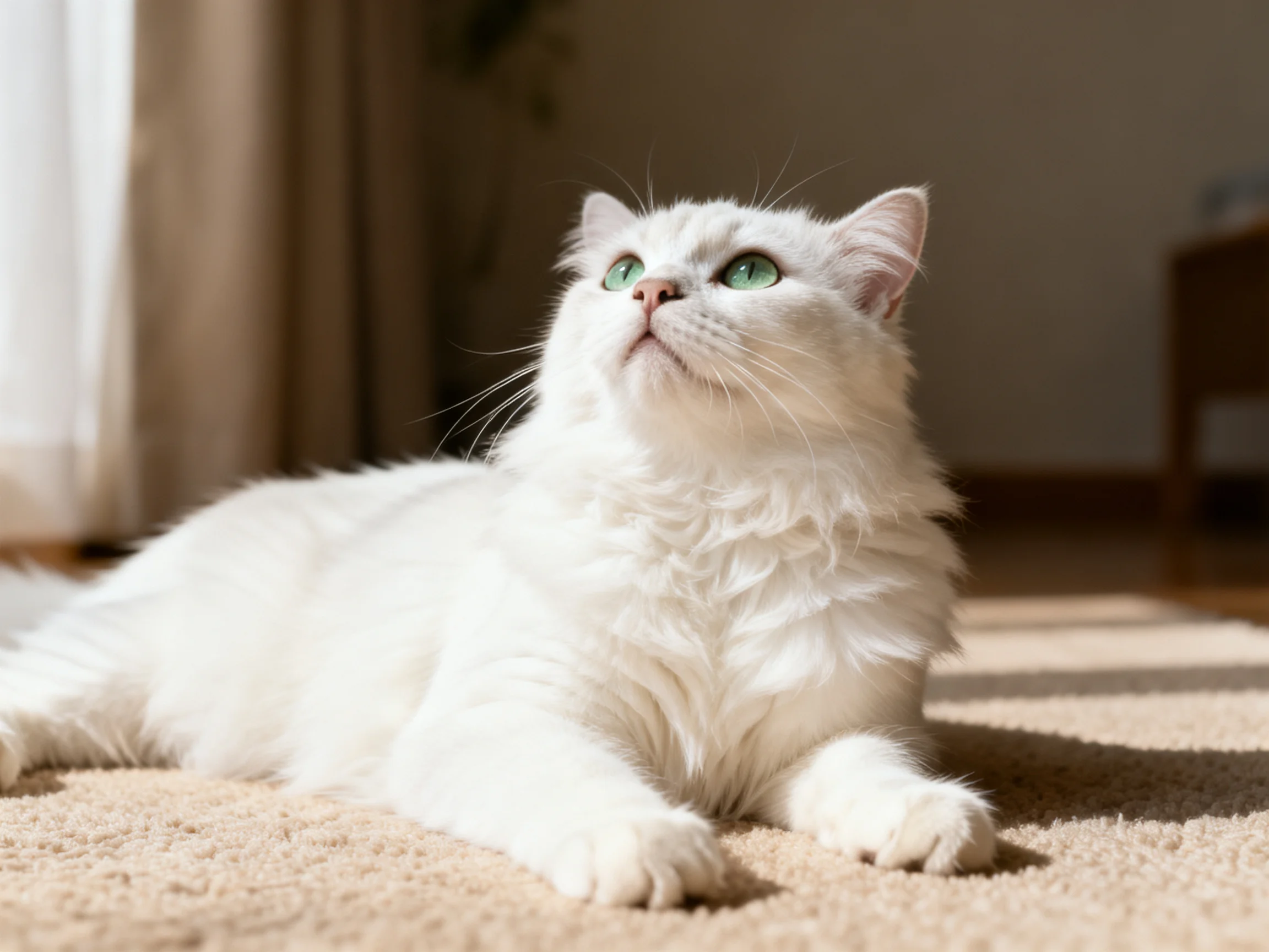 A fluffy white cat relaxes on a carpet in a sunlit room.