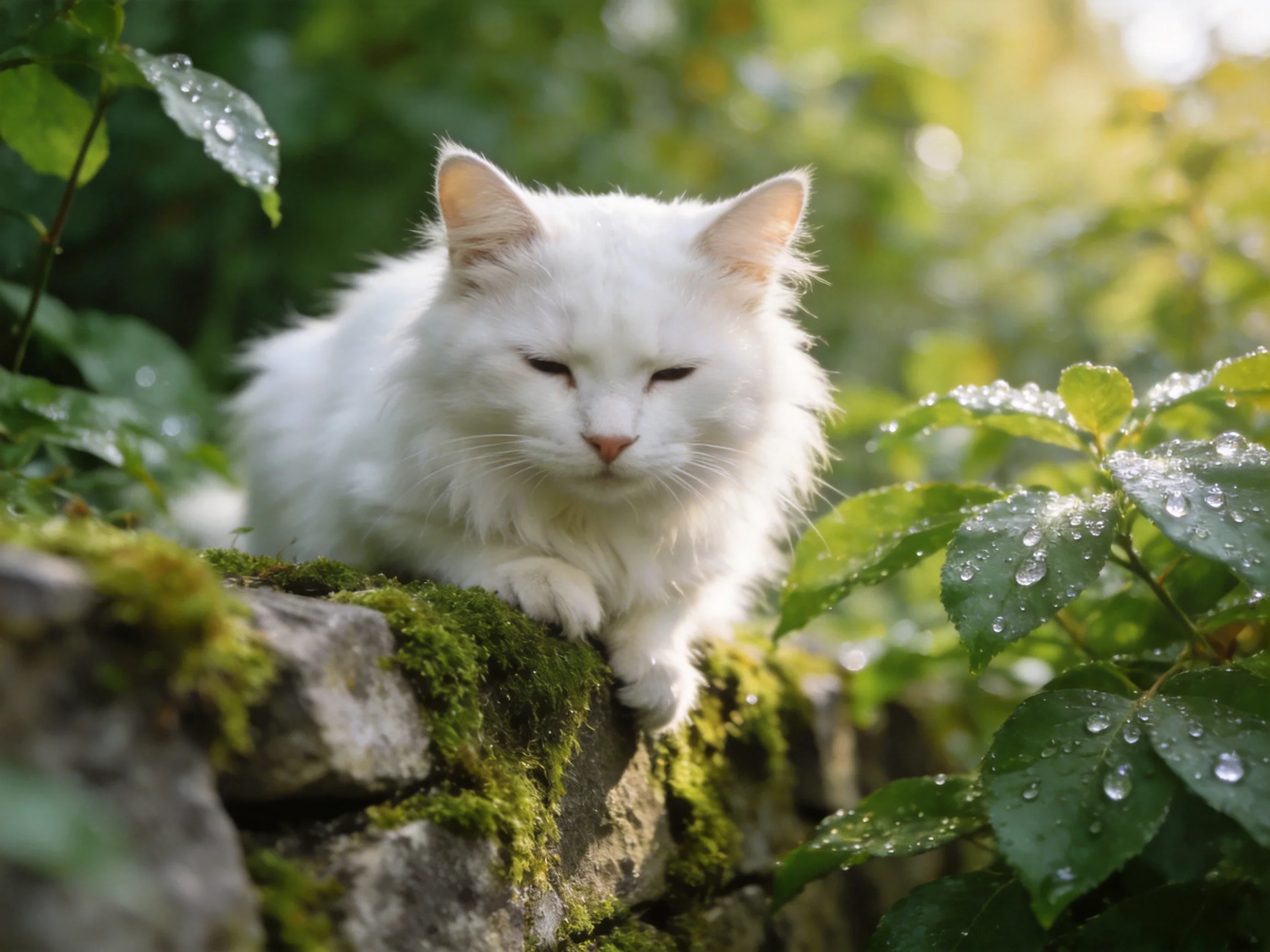 Fluffy white cat resting on moss-covered stone wall among dewy greenery