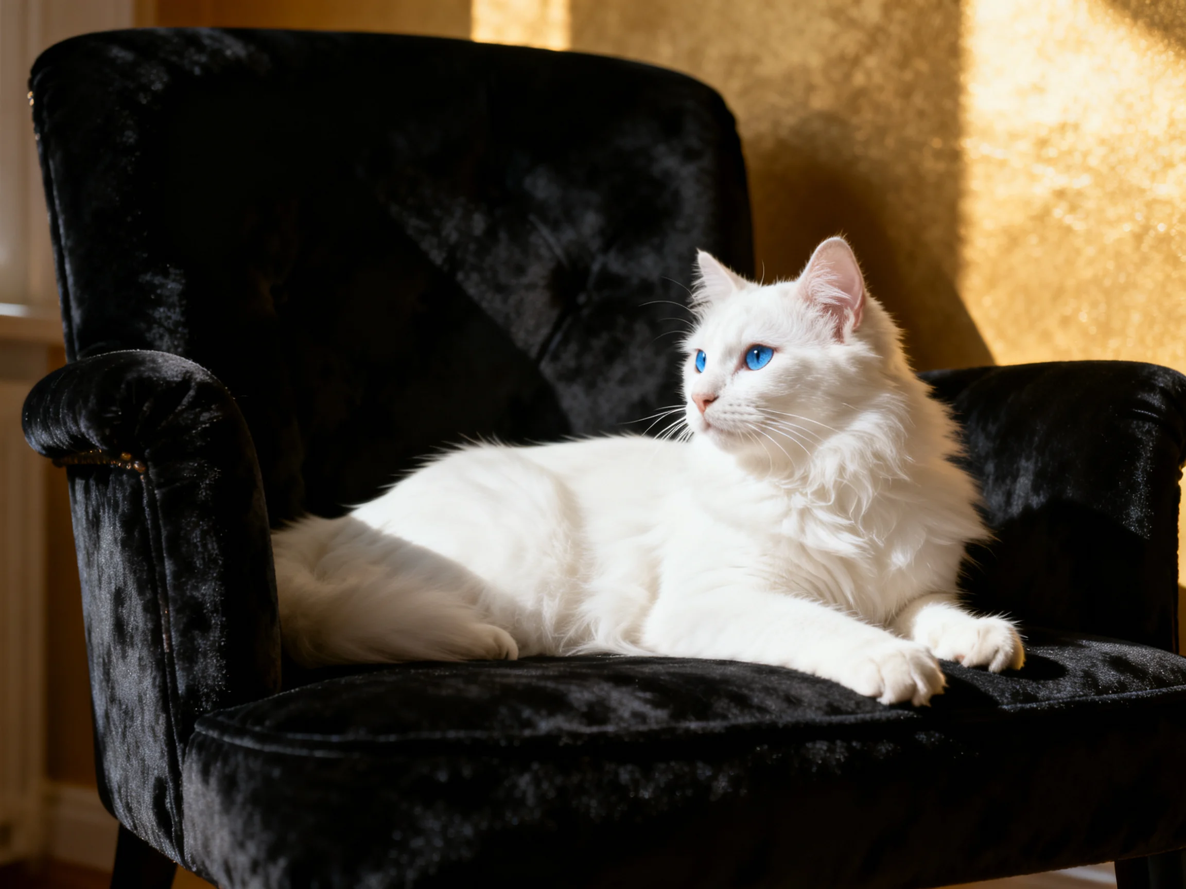 A white cat with blue eyes relaxes on a black armchair.