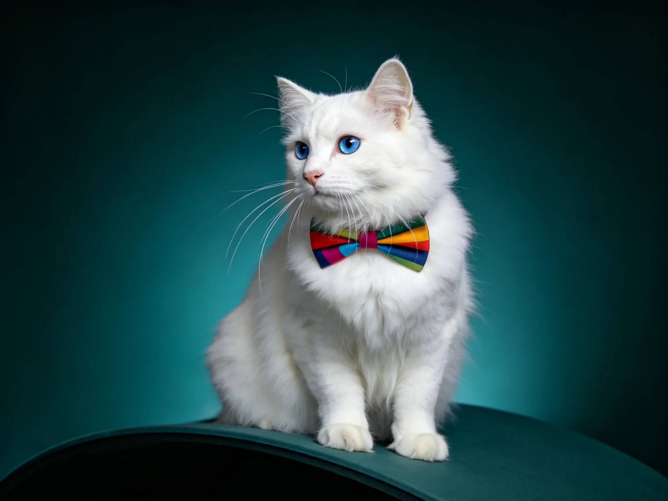 A white cat with a colorful bow tie sits on a teal surface.