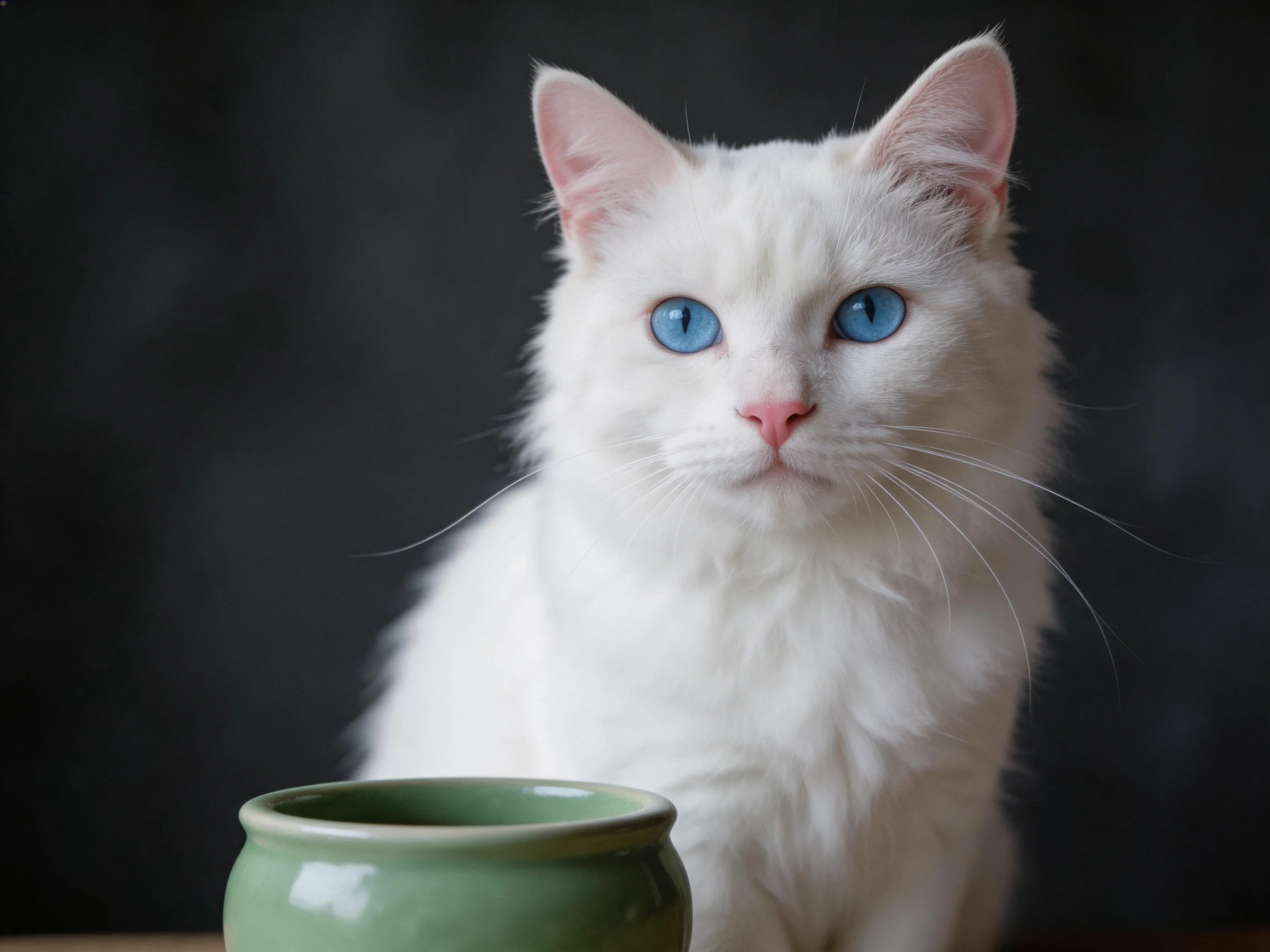 A white cat with blue eyes sits beside a small green bowl.