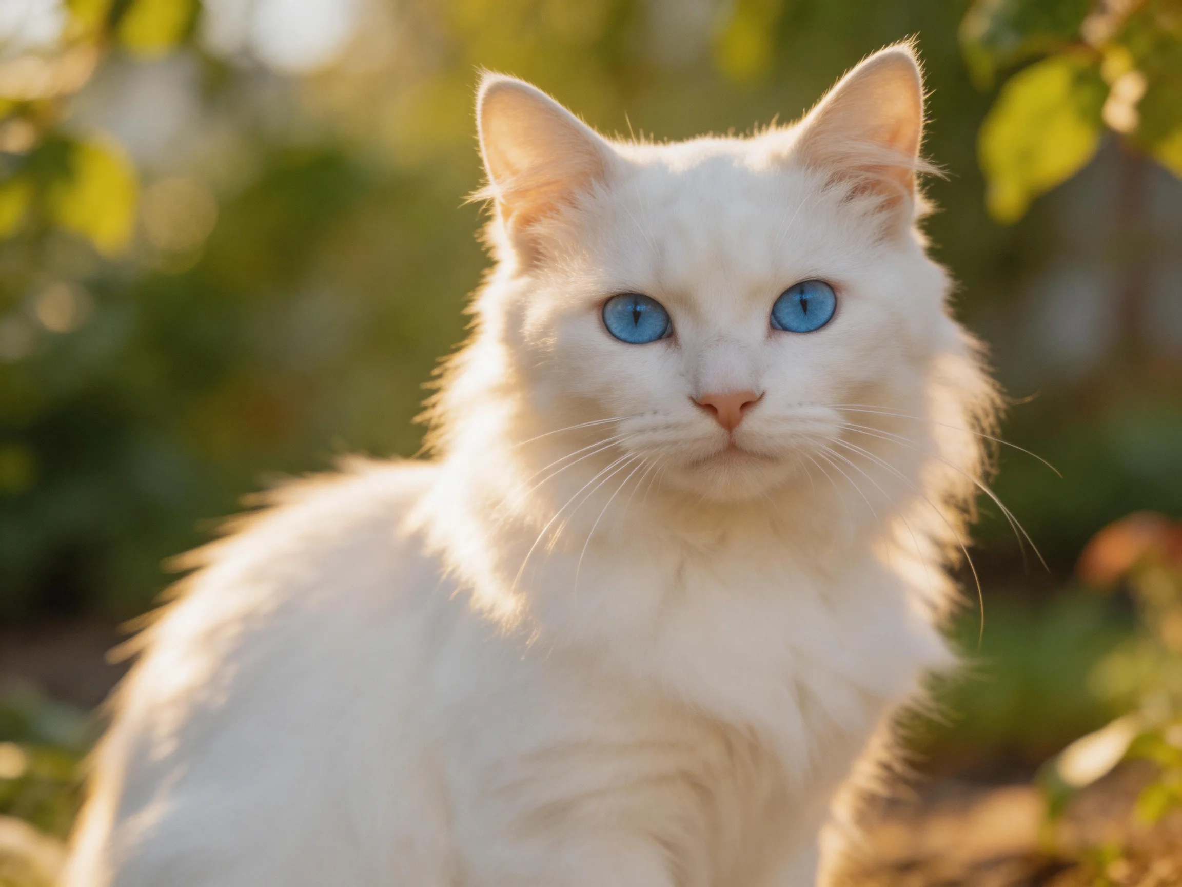 A white cat with blue eyes is outdoors near greenery.