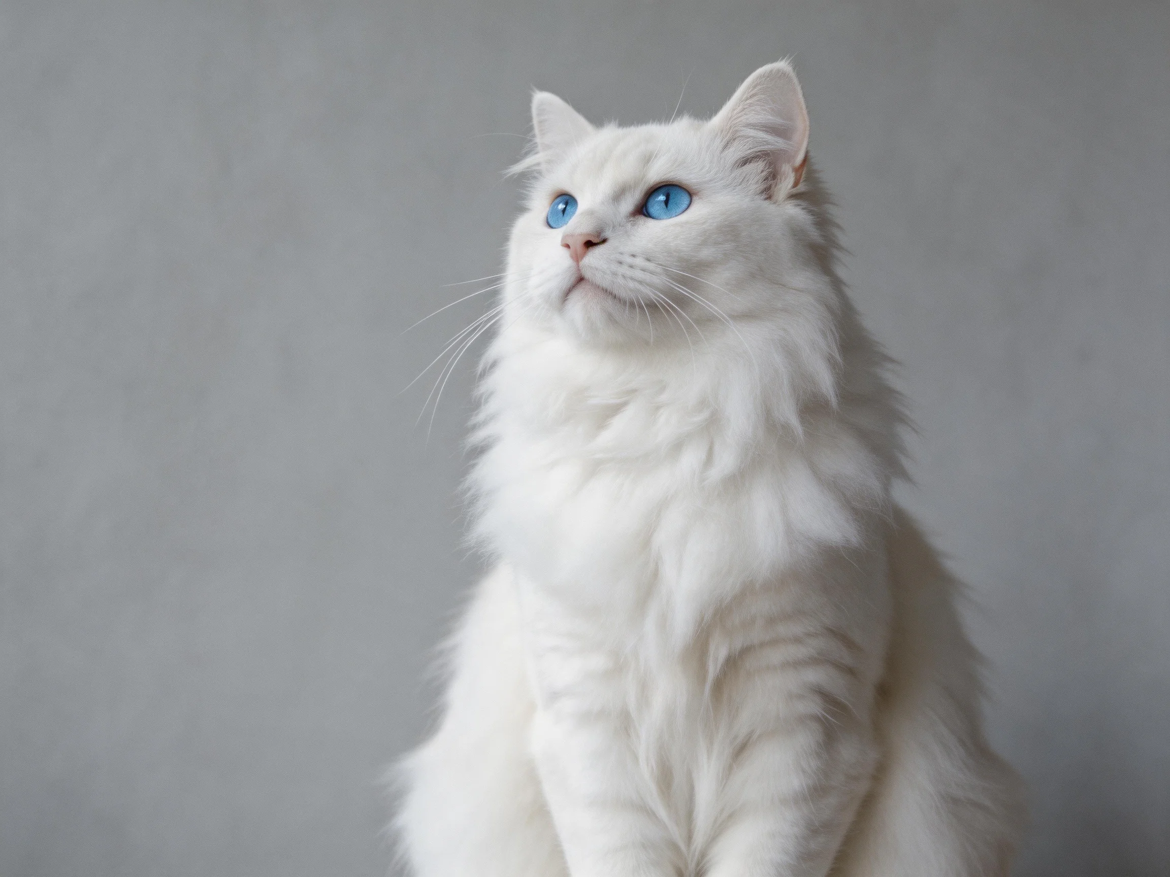 A white cat with blue eyes sits quietly against a gray background.