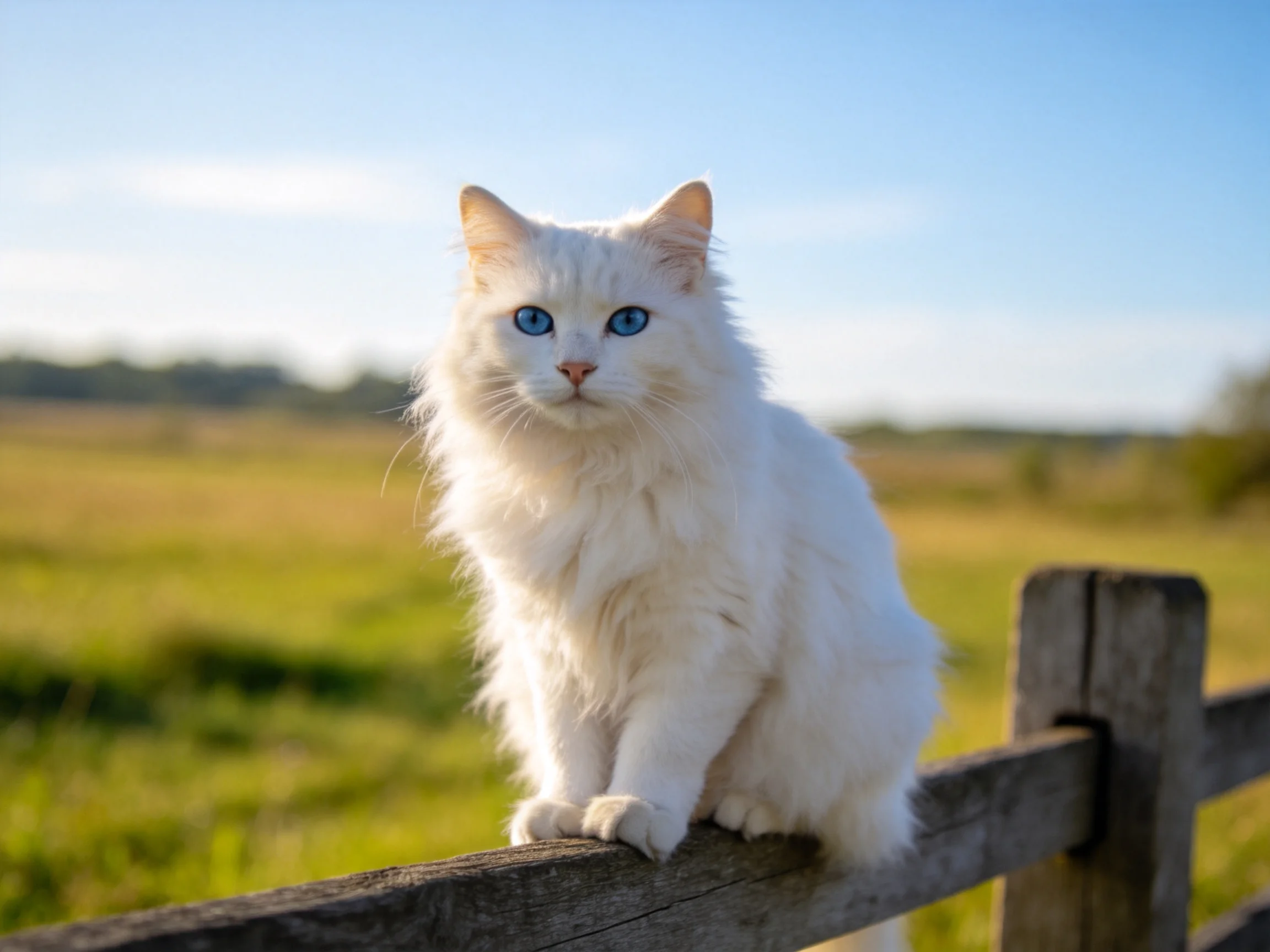 White cat with blue eyes rests on a wooden fence in an open field.