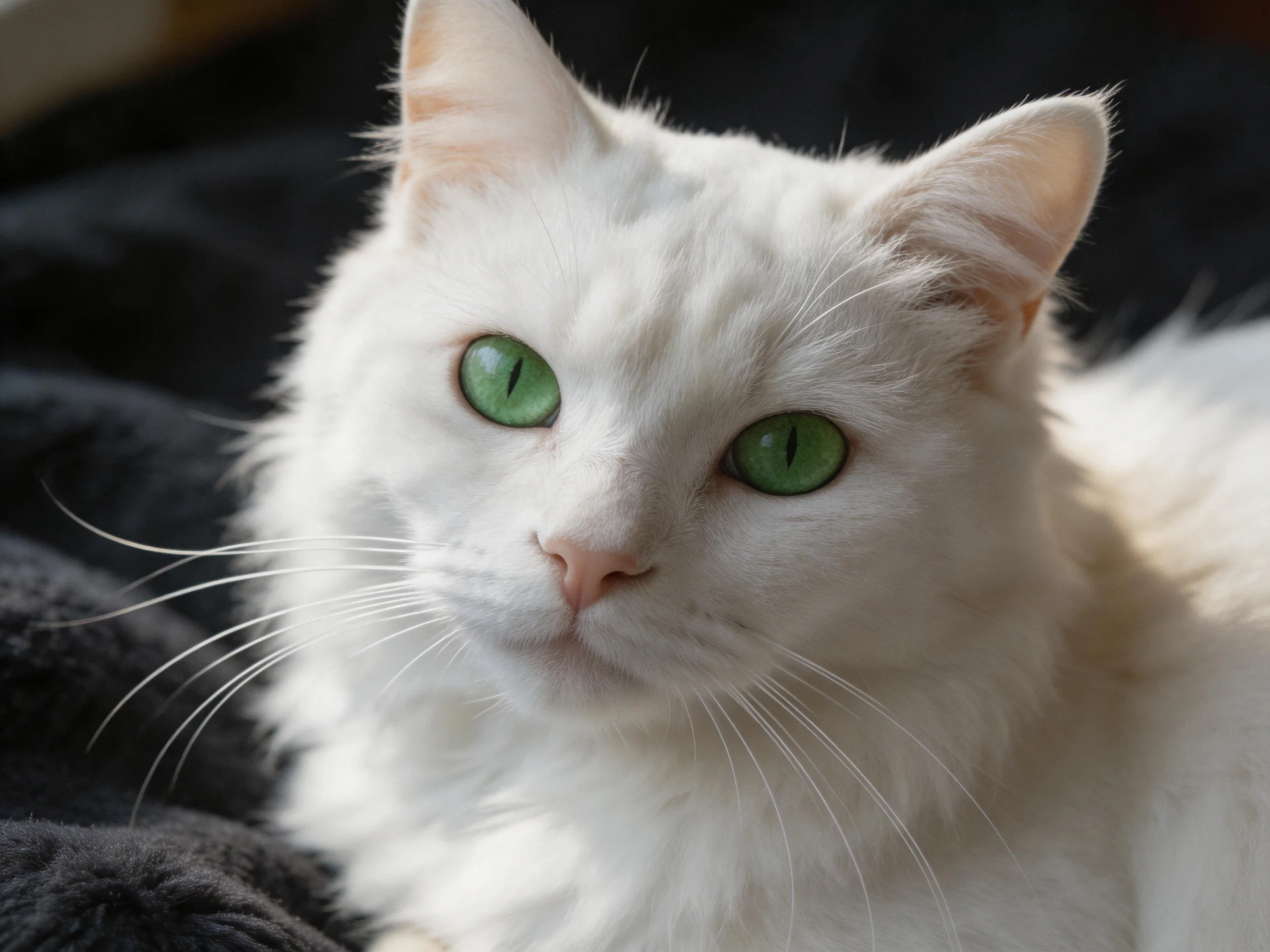A white cat with green eyes rests on dark fabric.