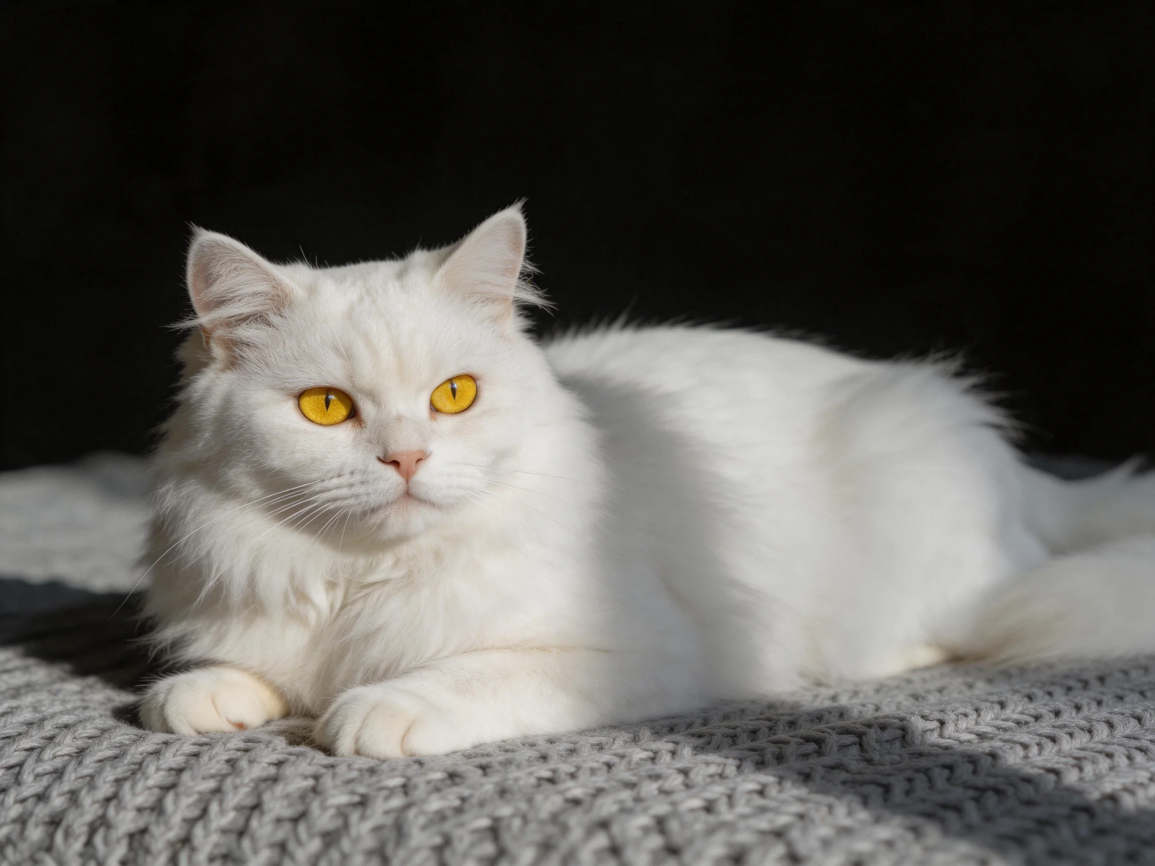 White cat with yellow eyes rests on gray blanket amid dark surroundings