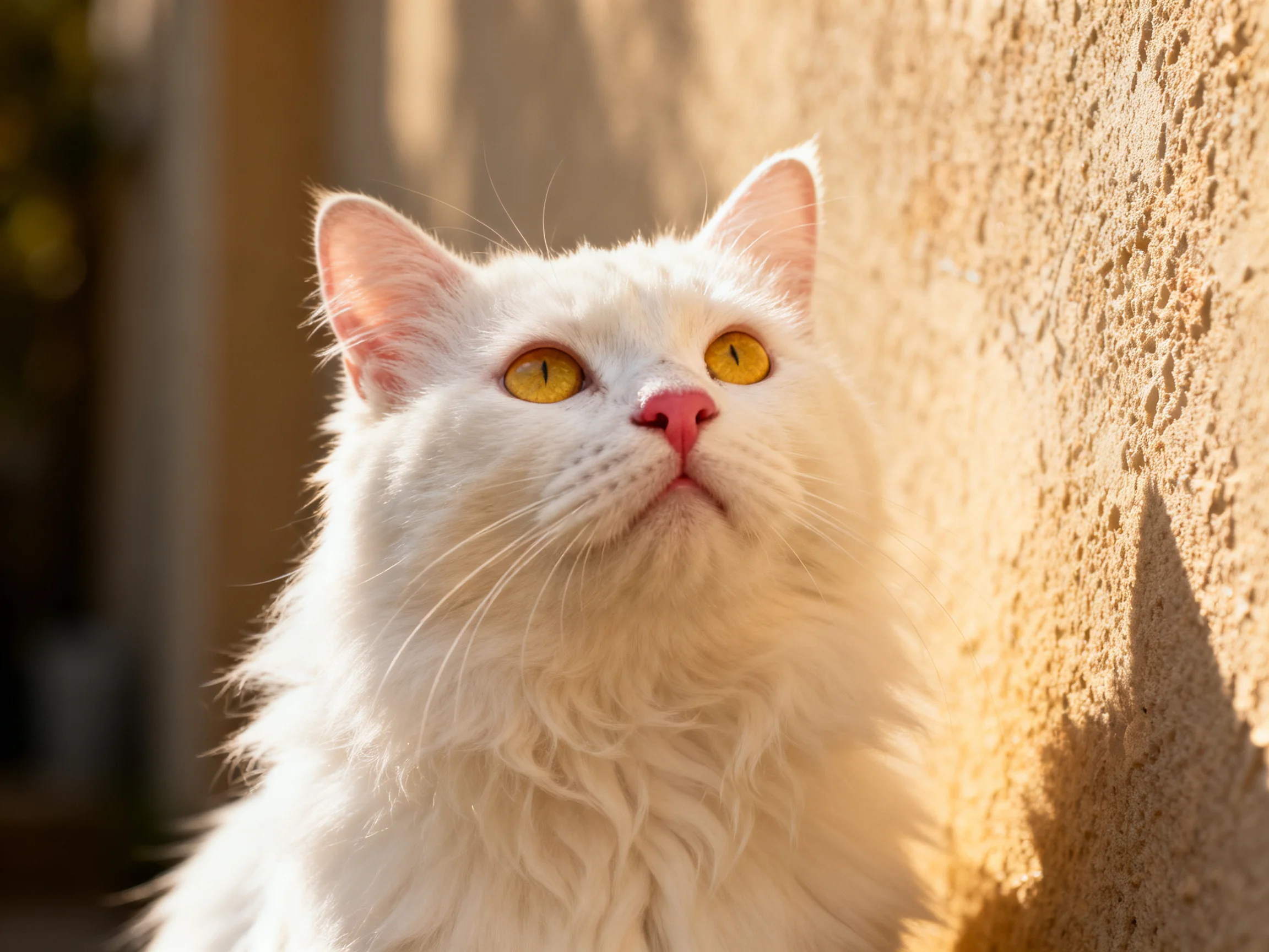A fluffy white cat with golden eyes sits near a textured wall.