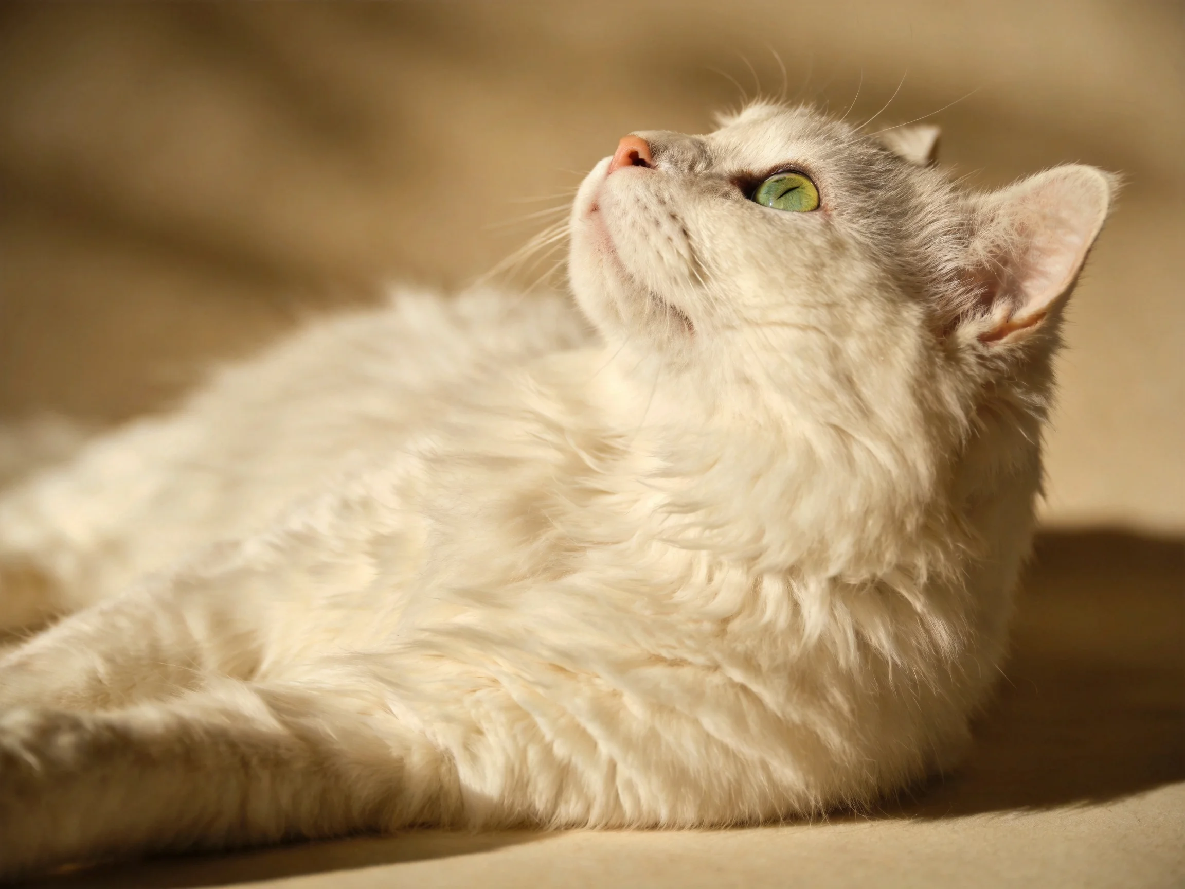 Fluffy white cat with green eyes gazes upward in warm light