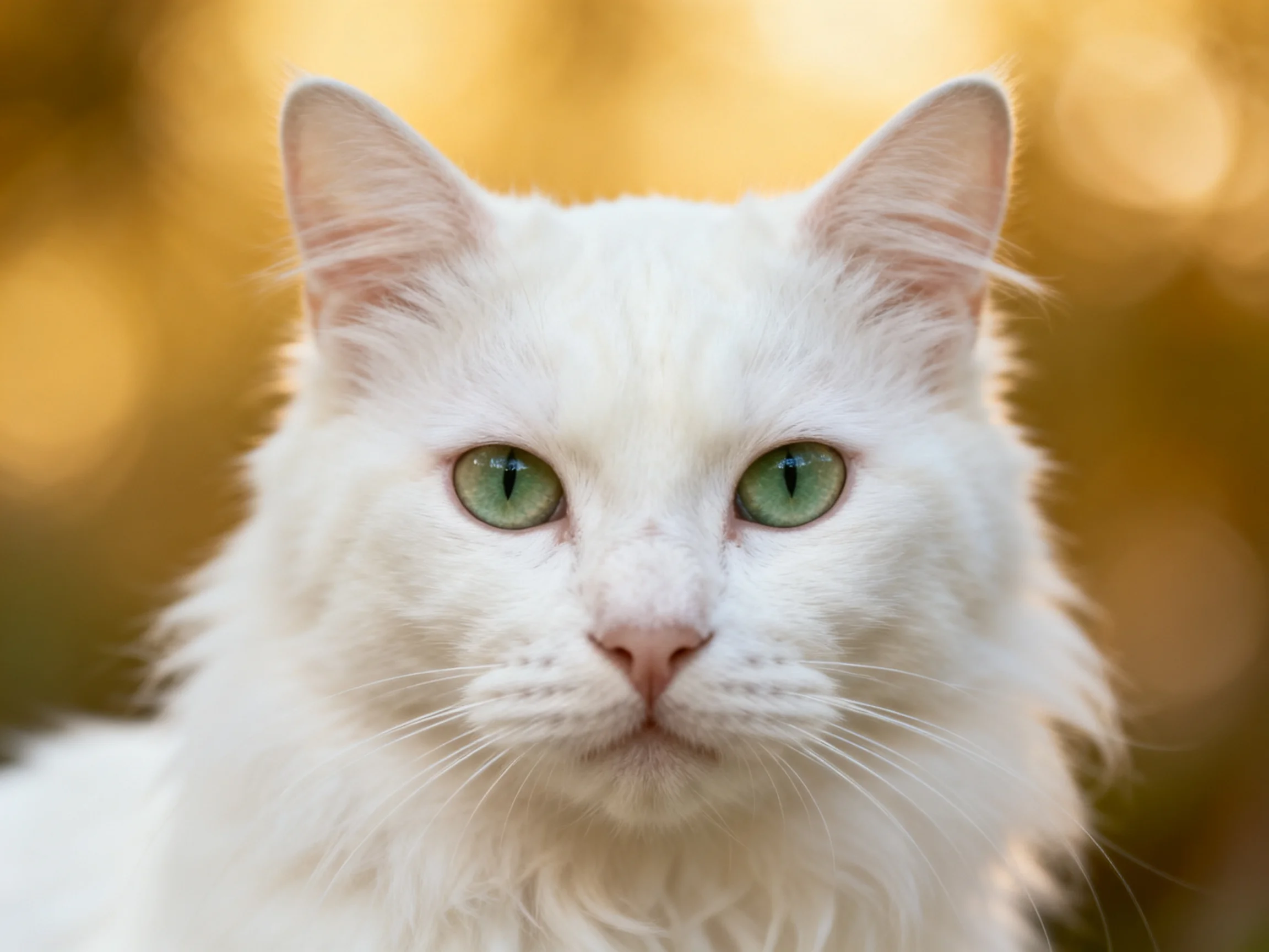 Close - up of a white cat with green eyes against a golden blurred backdrop.
