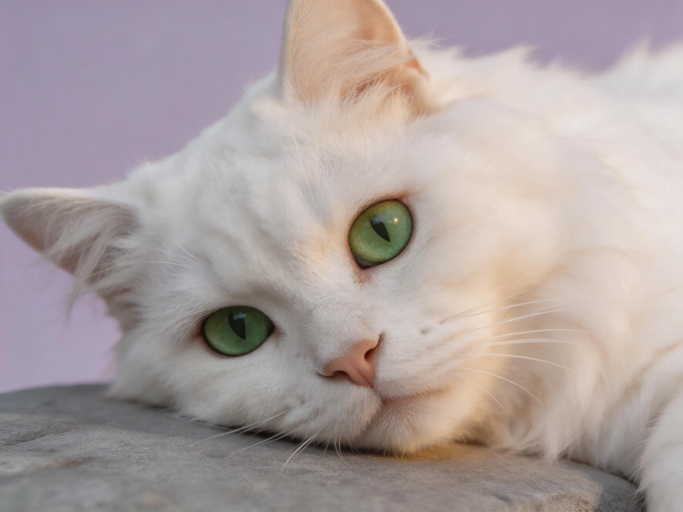 A white cat with green eyes rests on a gray surface.