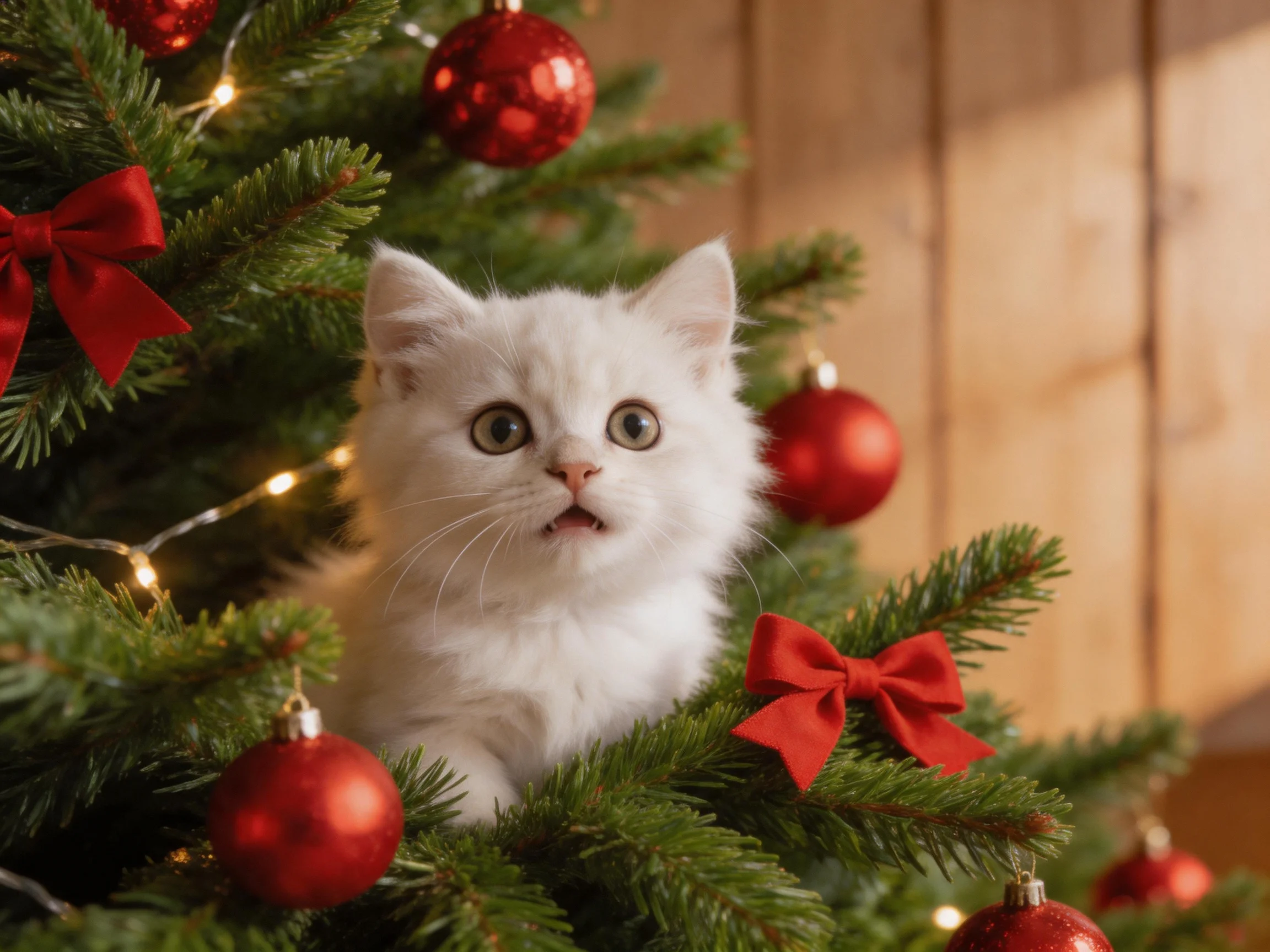 A white kitten sits among a Christmas tree adorned red decorations.