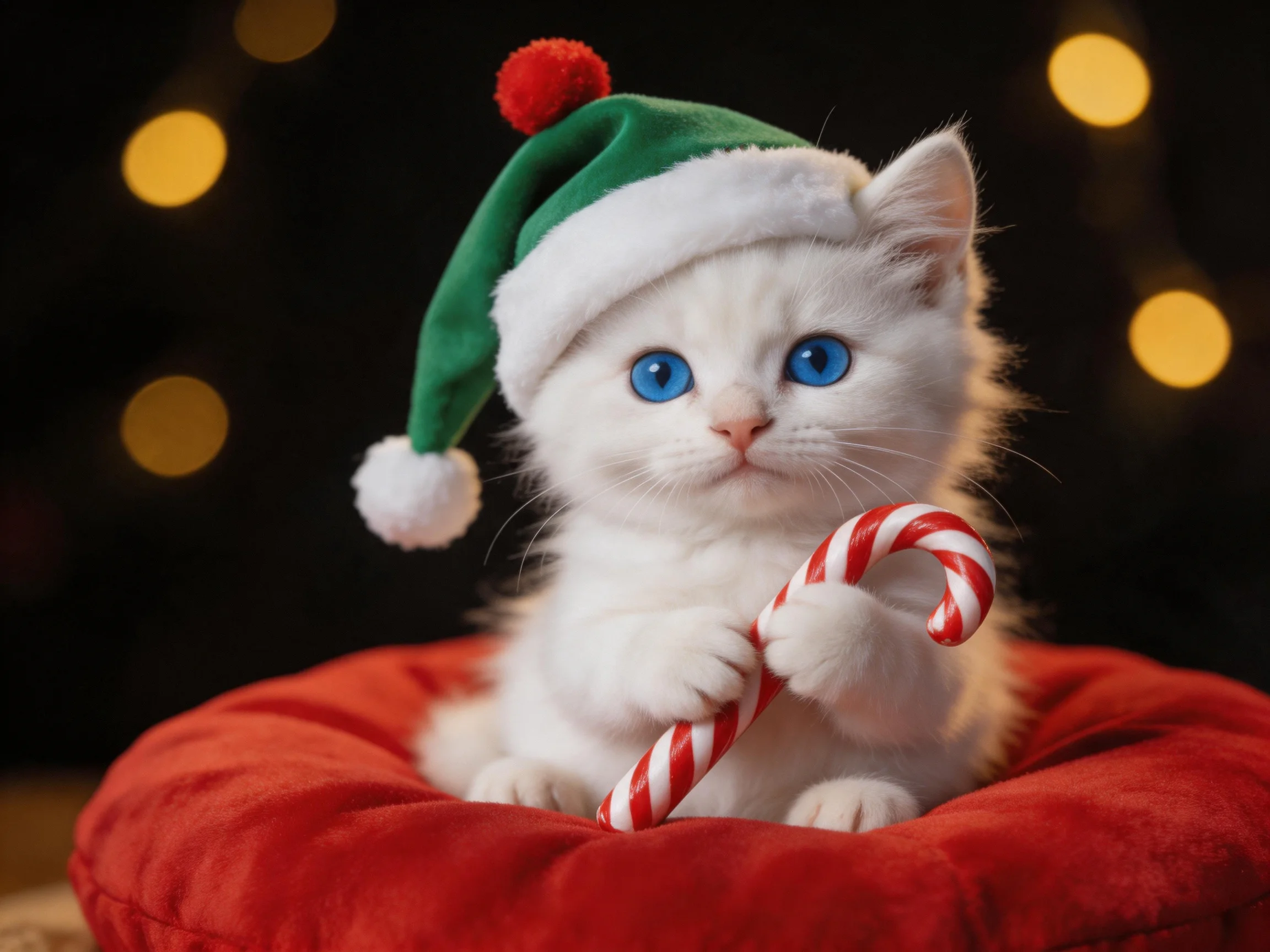 Fluffy white kitten in green Santa hat holds red candy cane