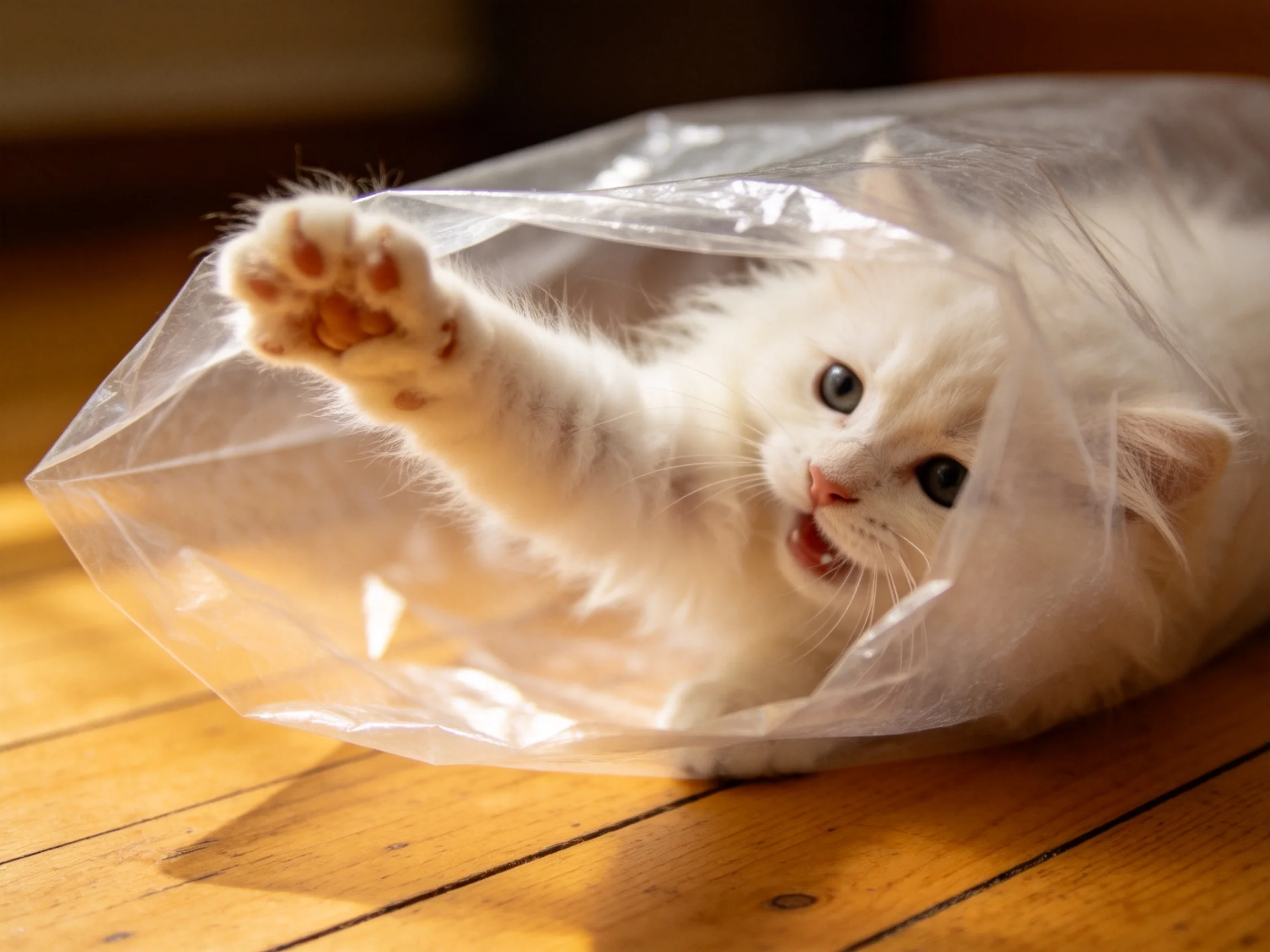 Fluffy white kitten peering from clear plastic bag on wooden floor