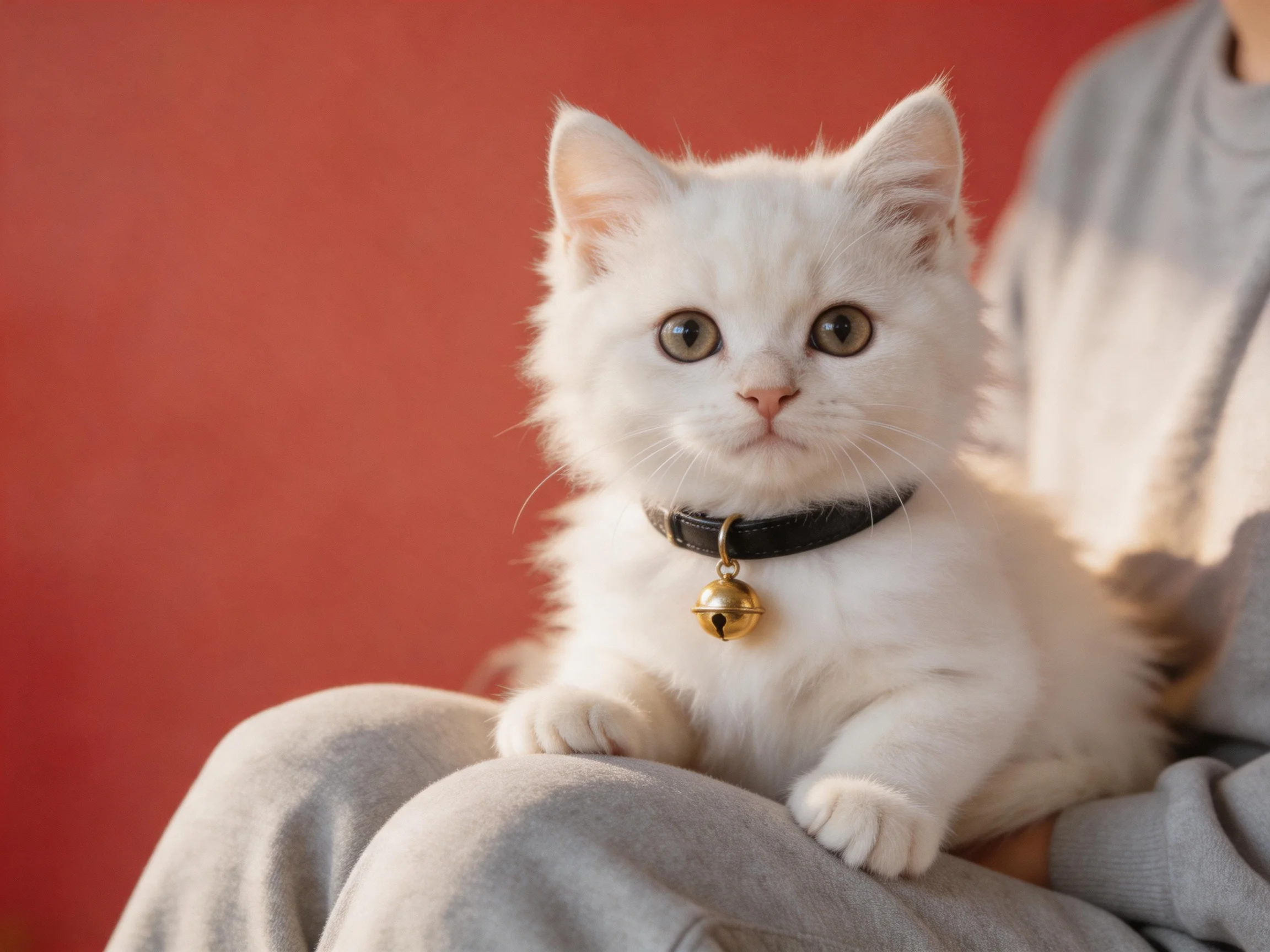 A small white kitten with a black collar sits on gray clothing near a red wall.