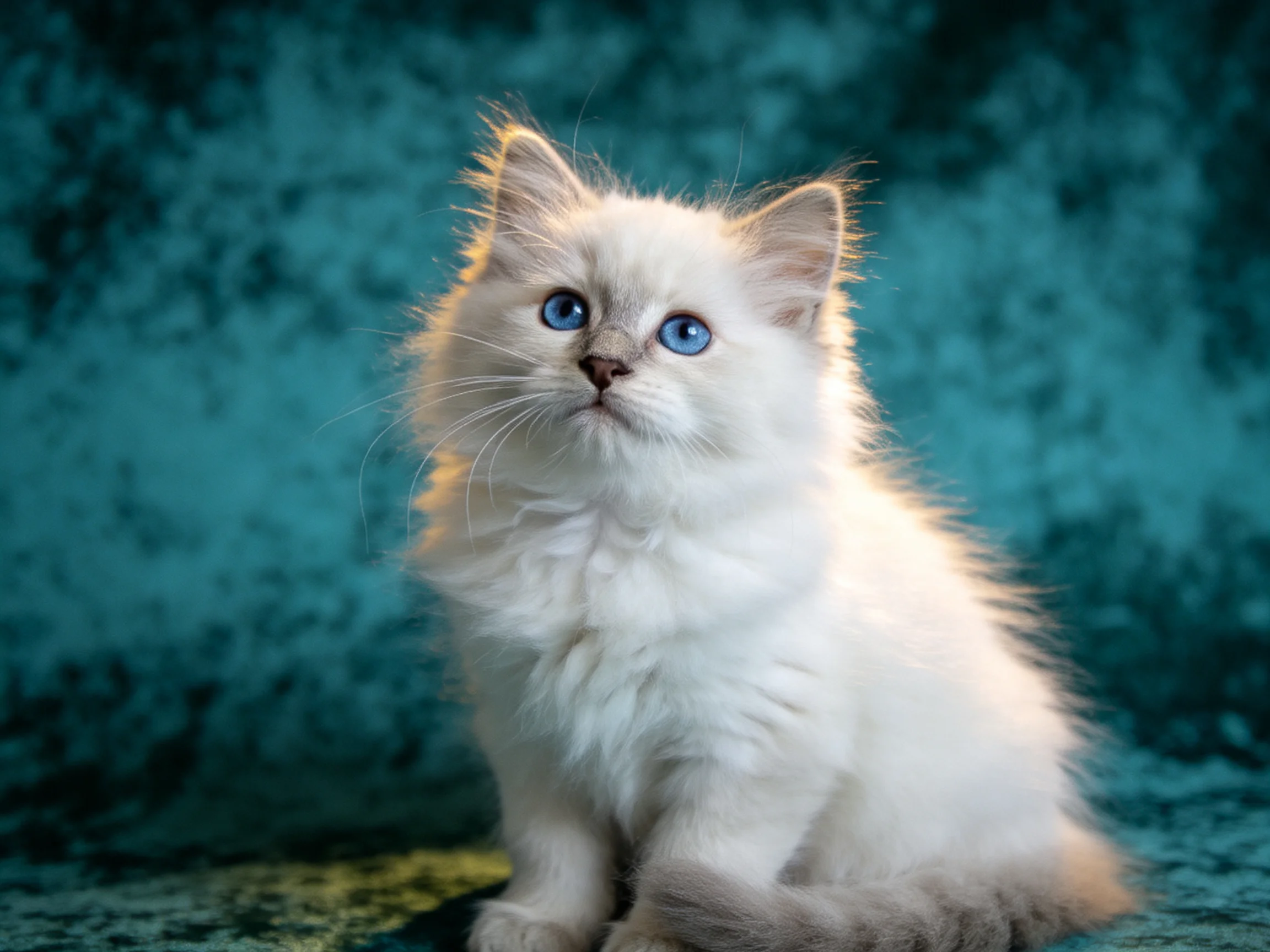 Fluffy white kitten with blue eyes sits on a teal textured surface