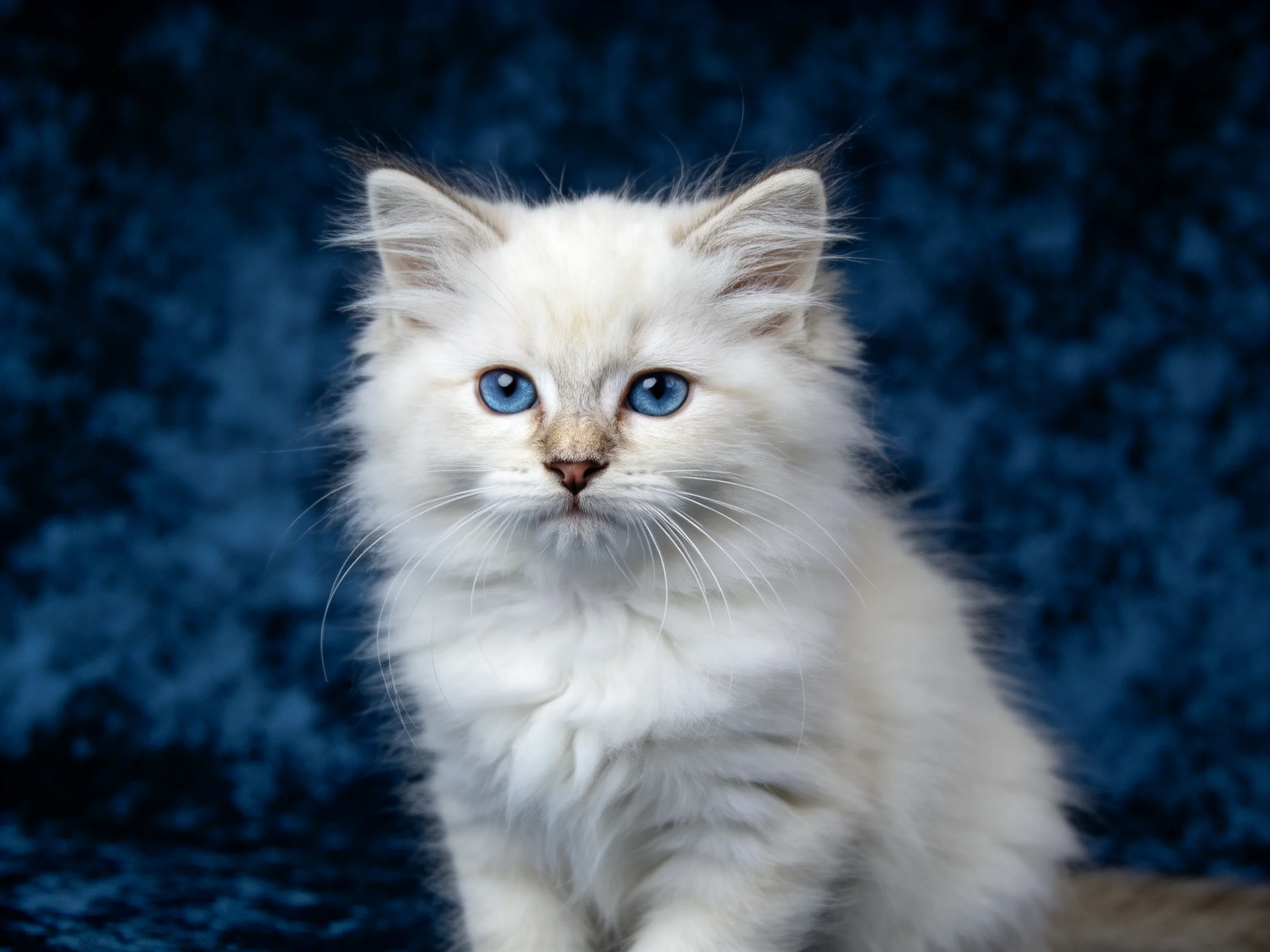 A fluffy white kitten with blue eyes sits on a dark blue textured backdrop.