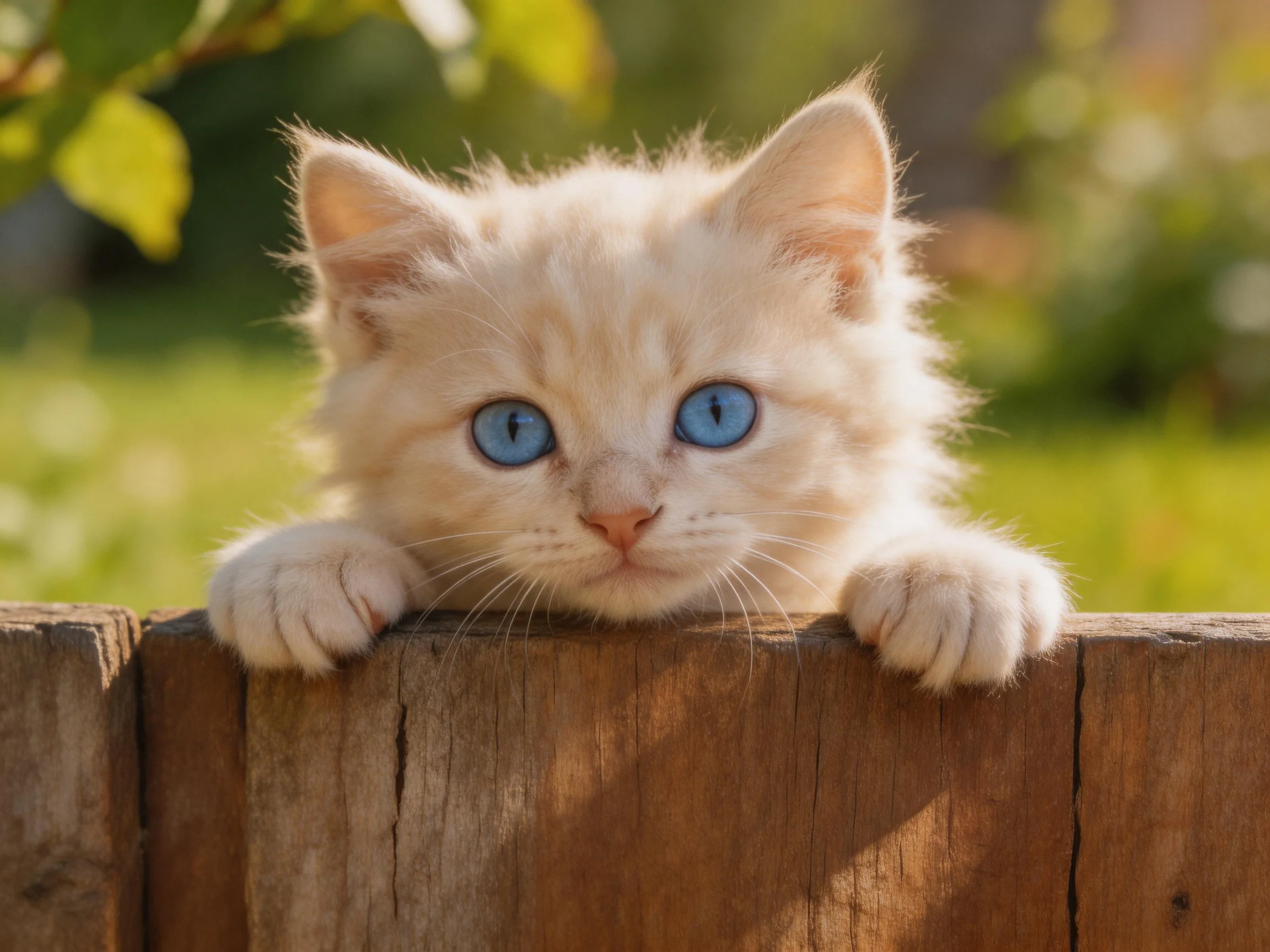 Fluffy white kitten with bright blue eyes peeks over weathered wooden fence