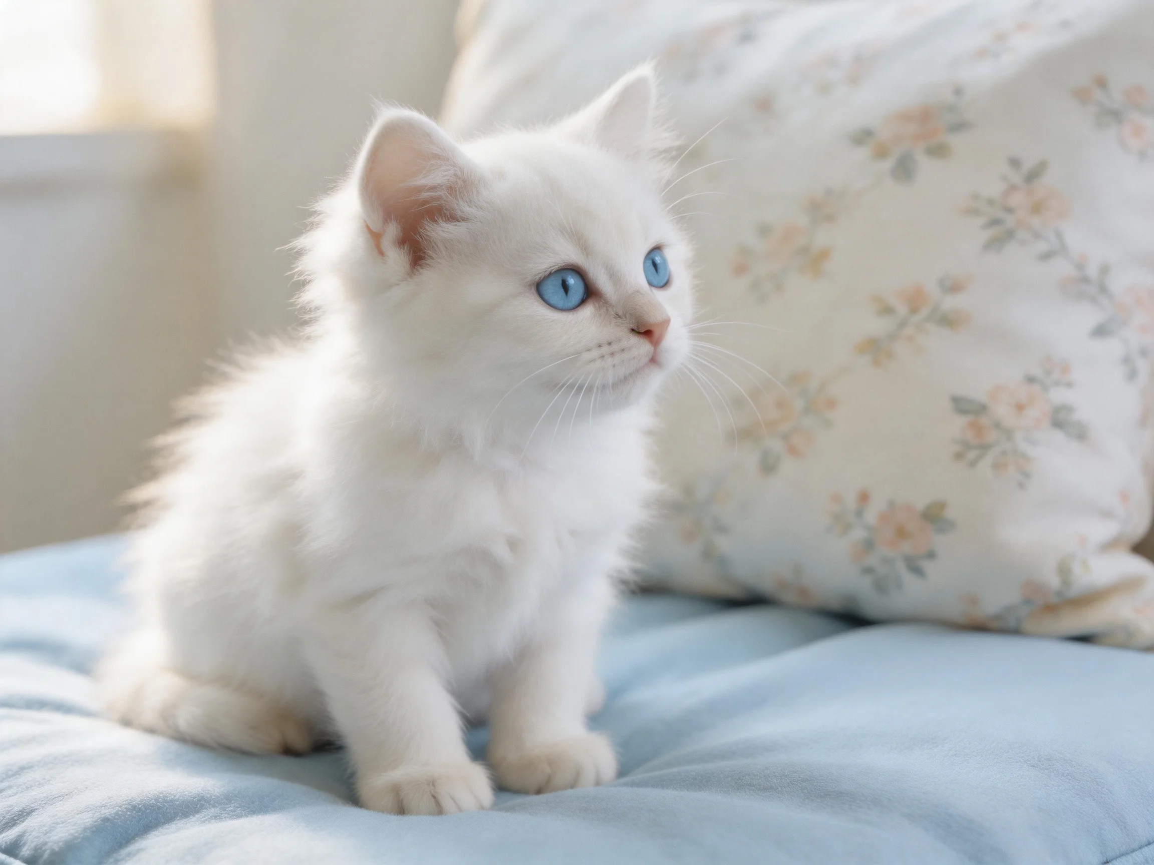 A small white kitten with blue eyes sits on a blue cushion near a floral pillow.