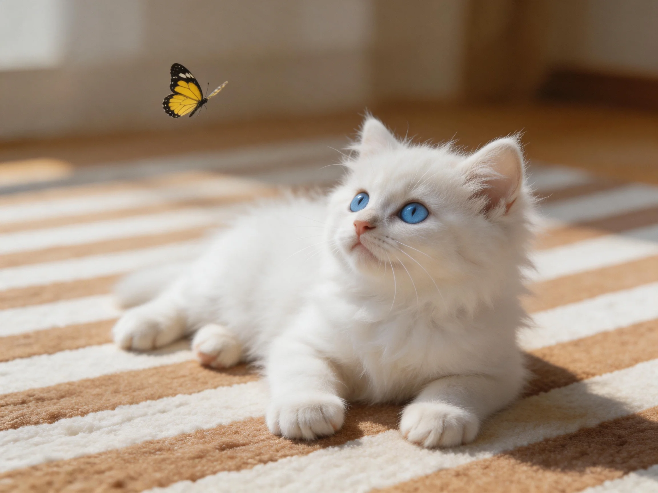 A white kitten with blue eyes looks up at a yellow butterfly on a striped rug.