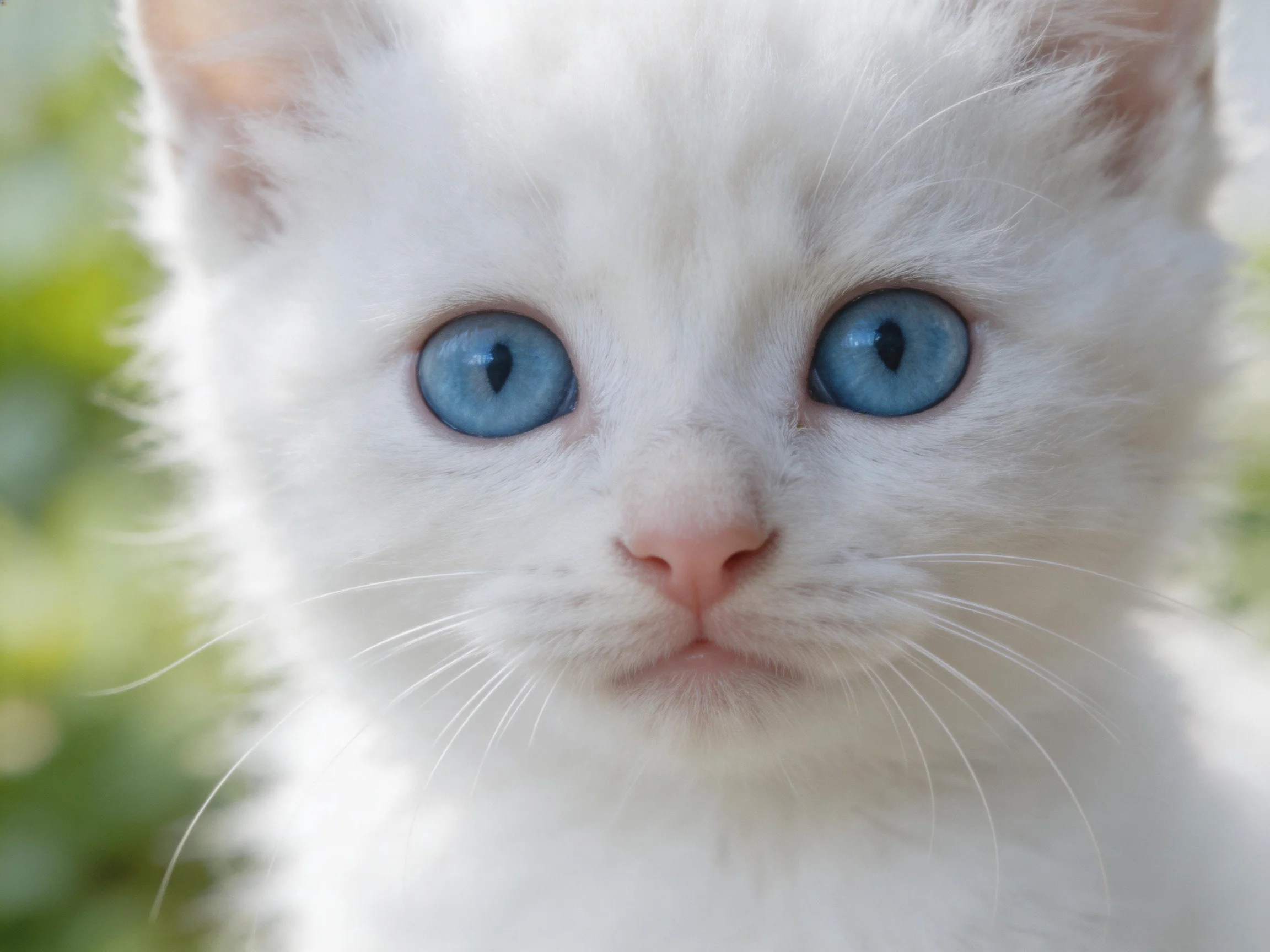 Close-up of a fluffy white kitten with blue eyes in an outdoor setting.