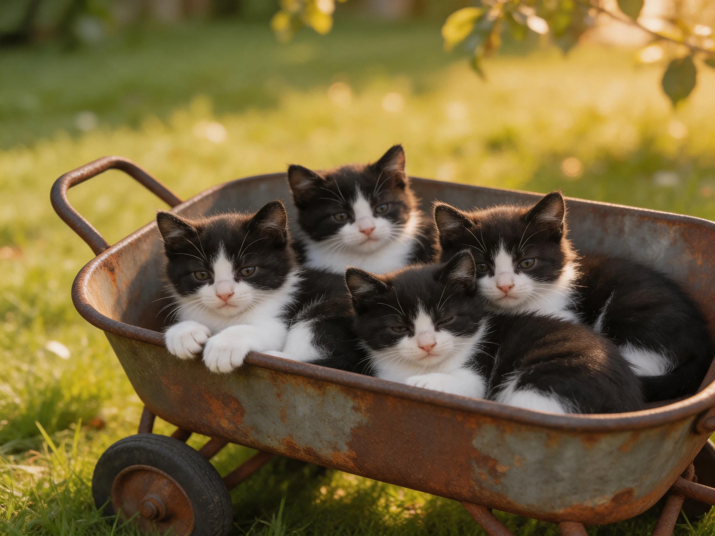 Four black - and - white kittens in a rusty, weathered outdoor wheelbarrow