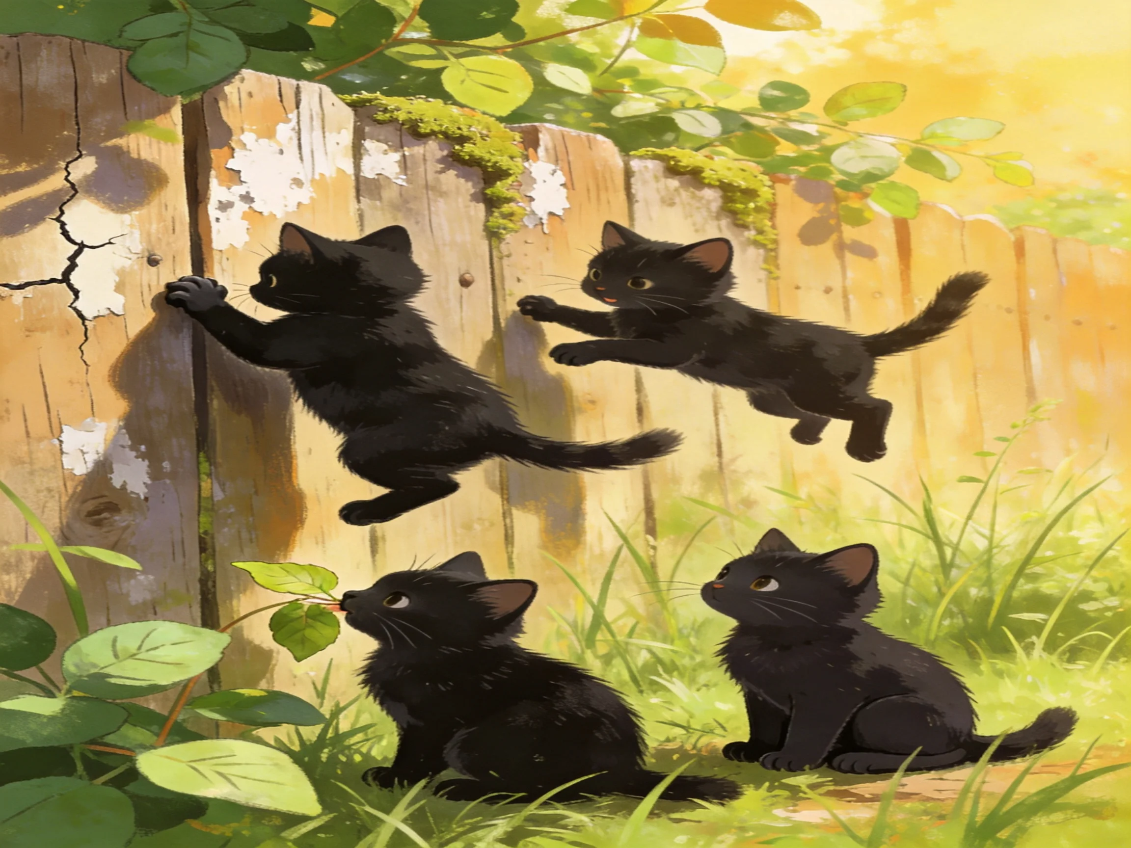 Four black kittens play near a moss-covered wooden fence