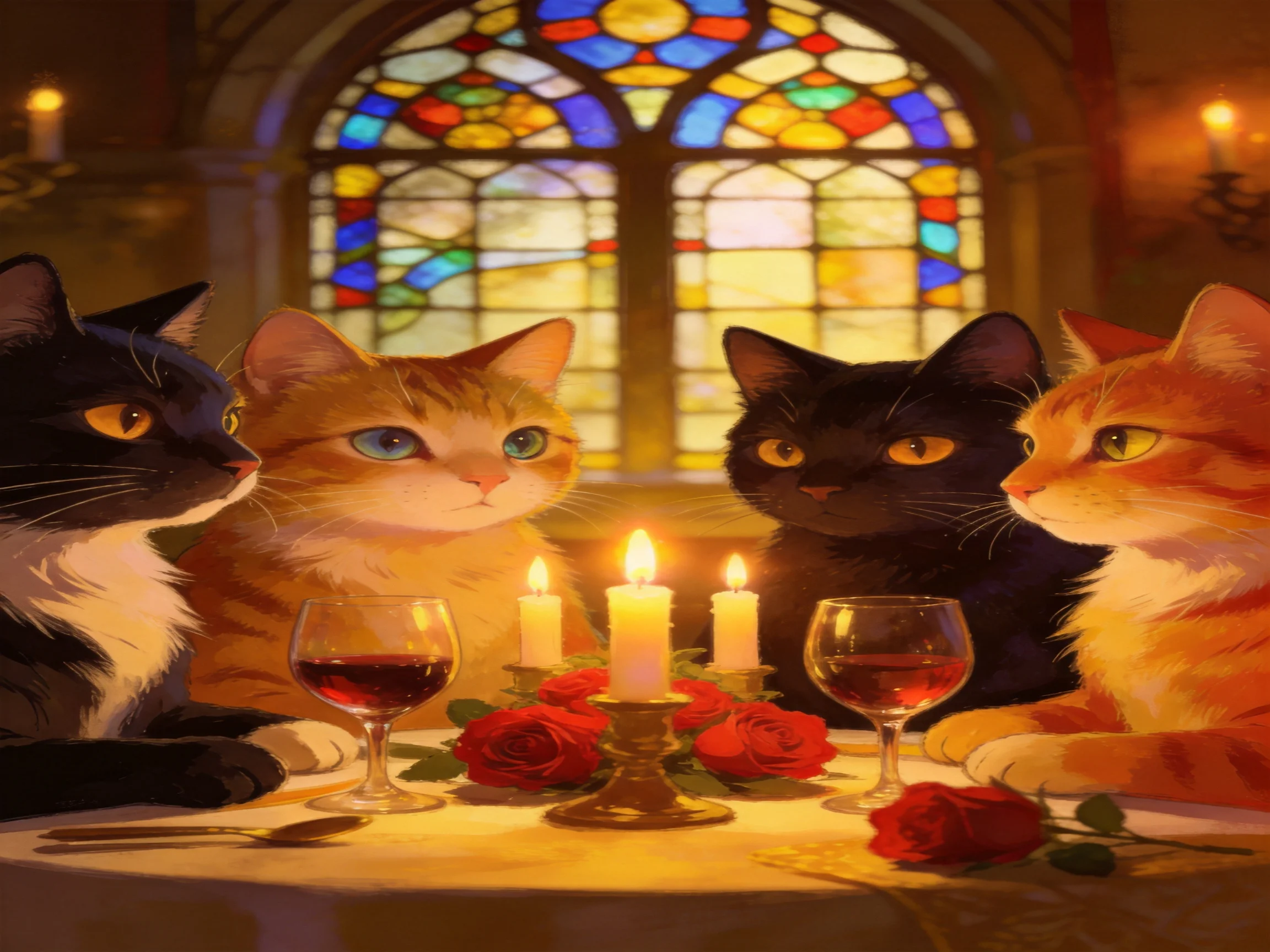 Four cats gather around a candle-lit table with roses and wine glasses