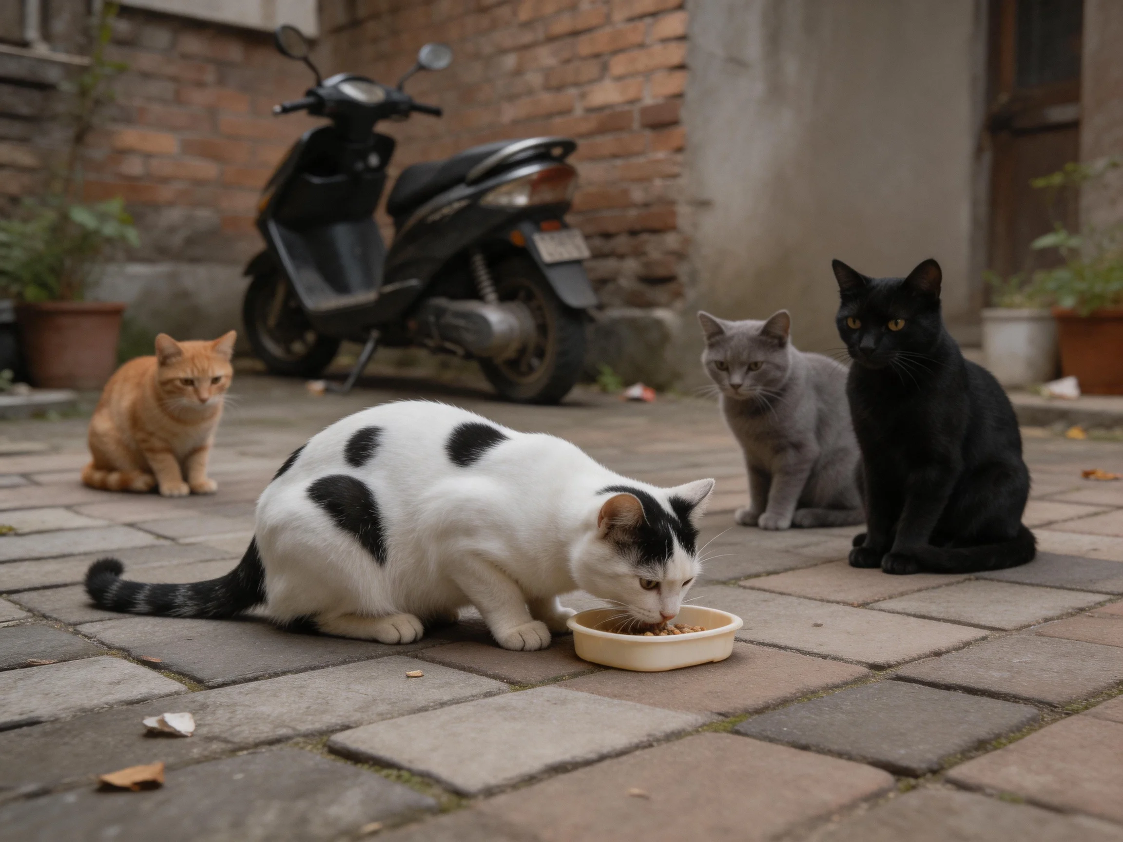 Four cats gather around a food dish in a brick courtyard with a scooter