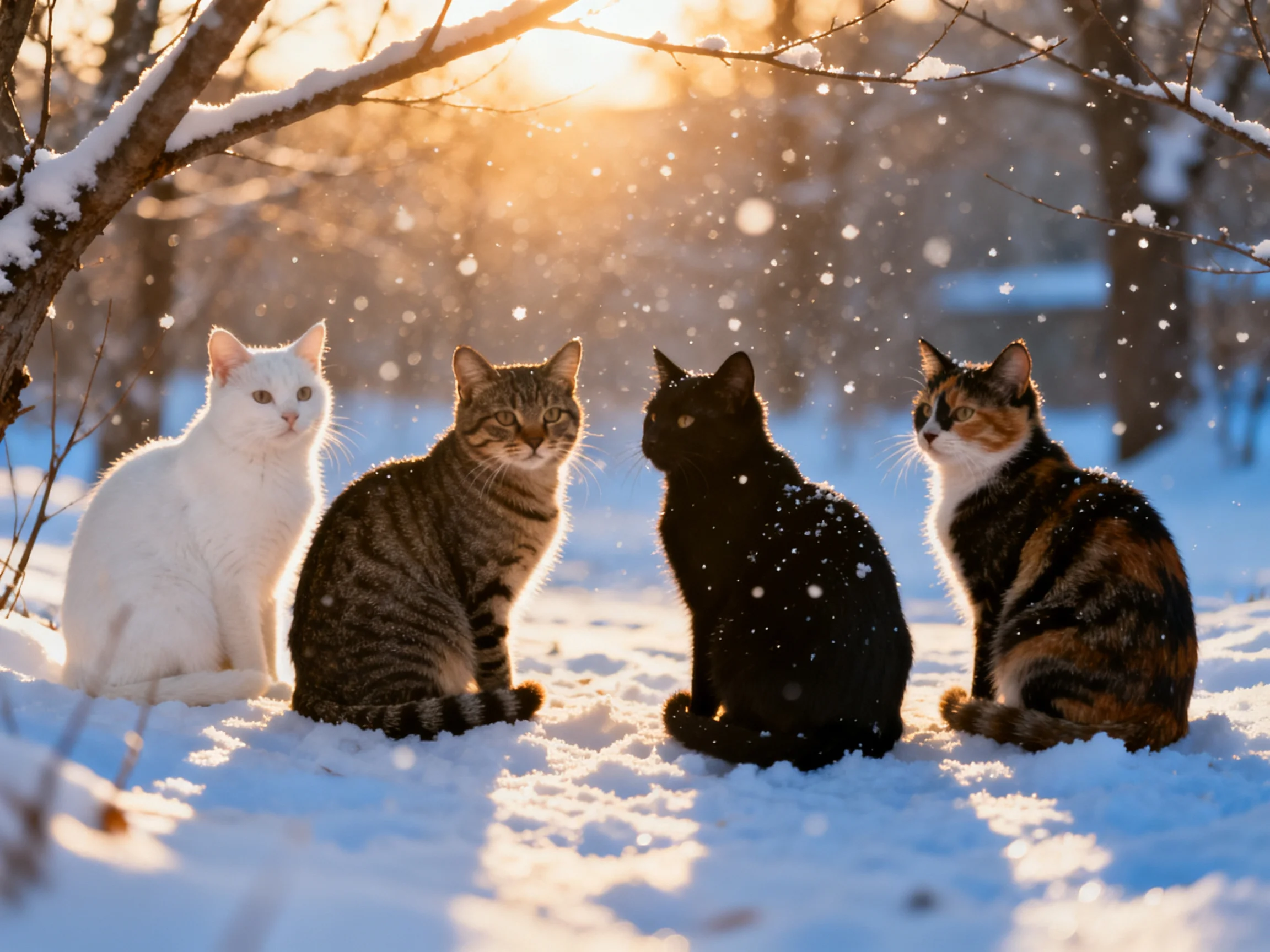 Four cats of different colors rest on snow in a wintry landscape.