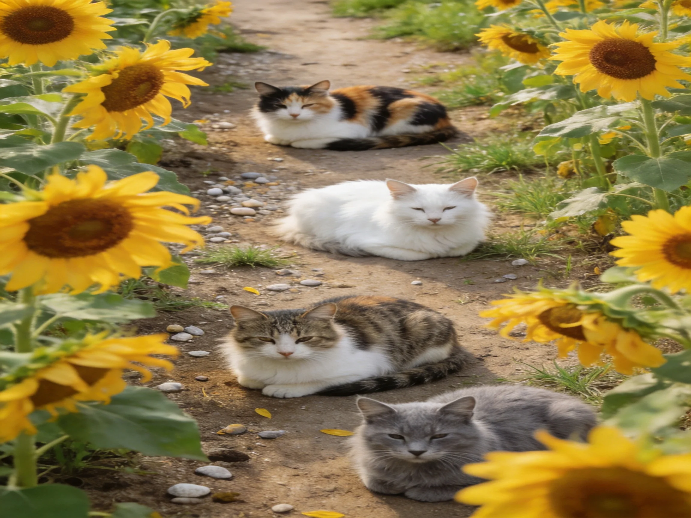 Four cats relax on a dirt path surrounded by sunflowers.