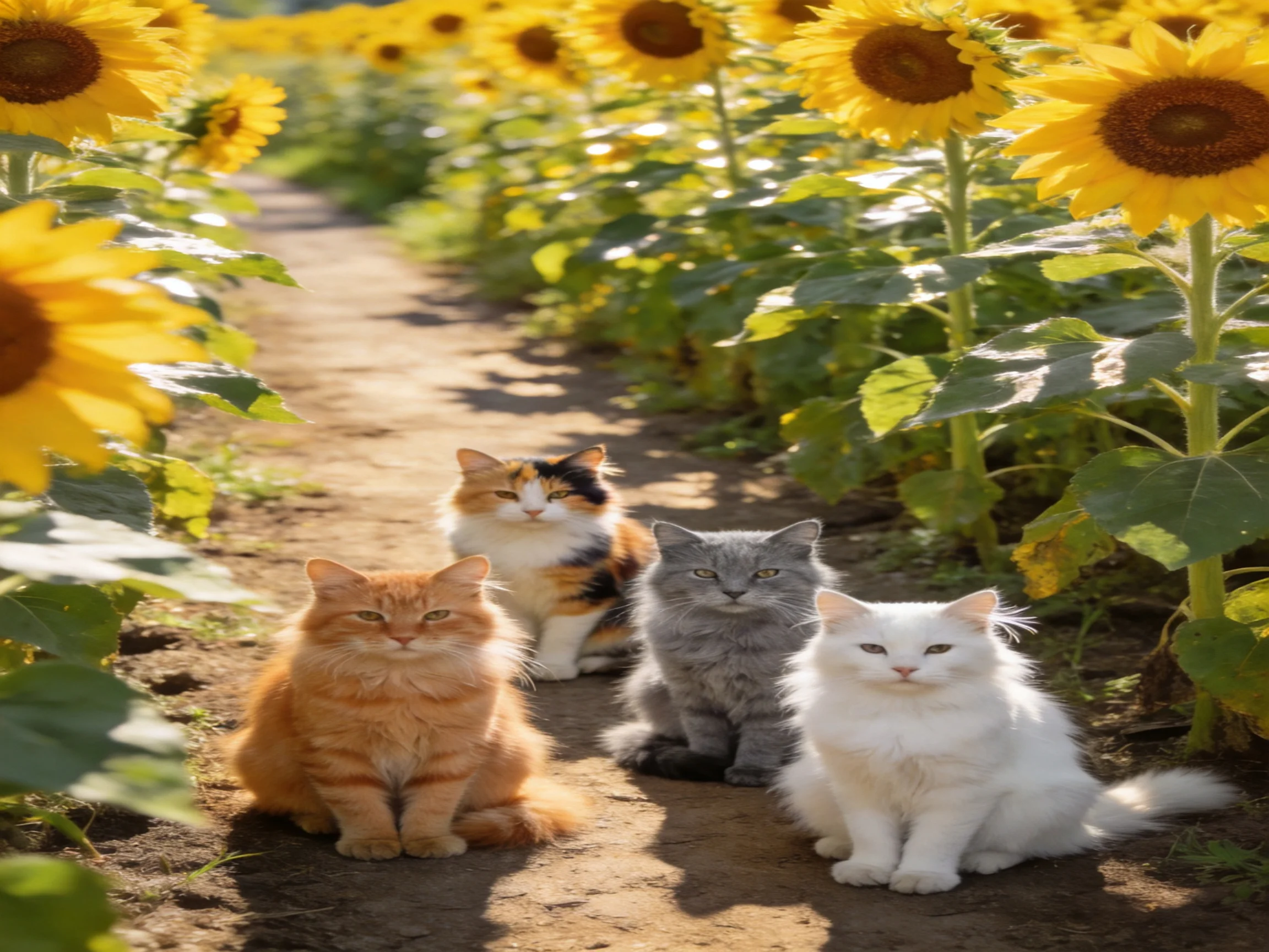 Four cats sit calmly on a dirt path surrounded by tall sunflowers