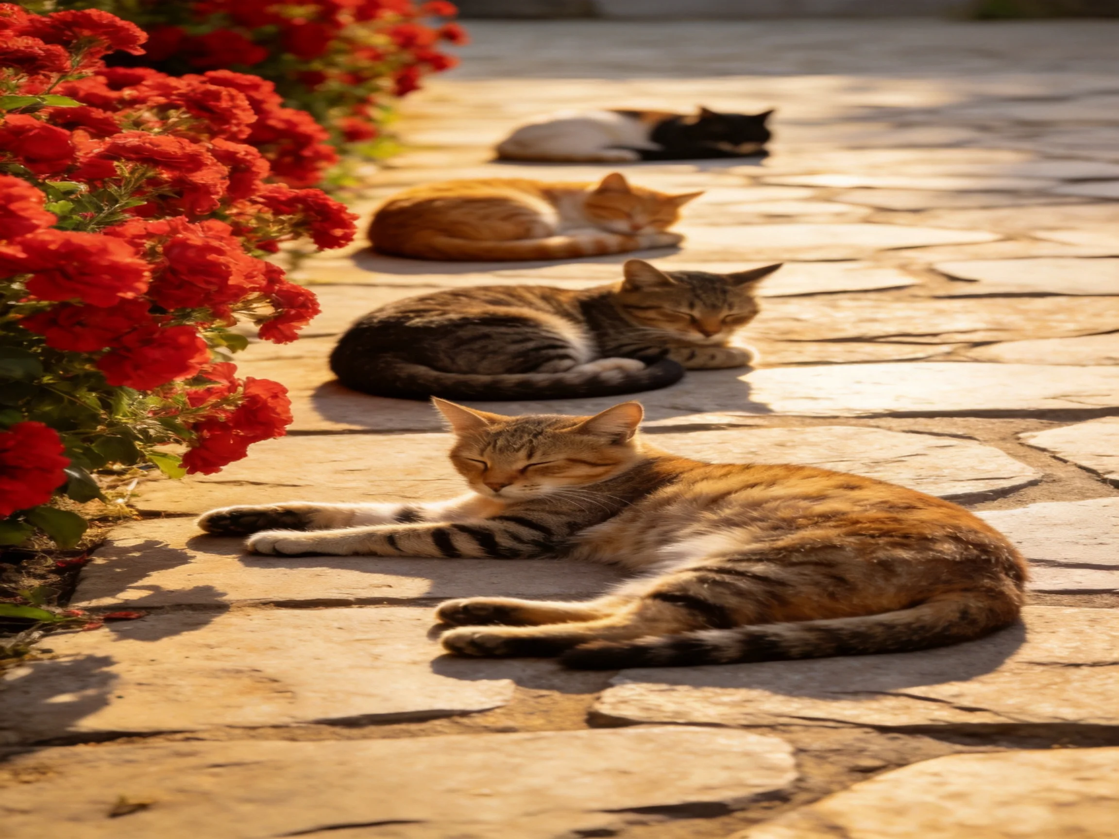 Four cats rest near vibrant red flowers on a stone pathway